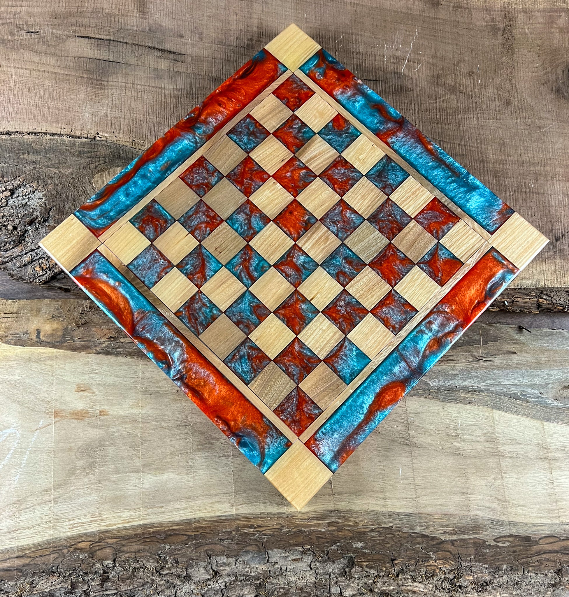 Vivid Orange Teal Maple Wood Chess Board (Glass Chess Set Included)