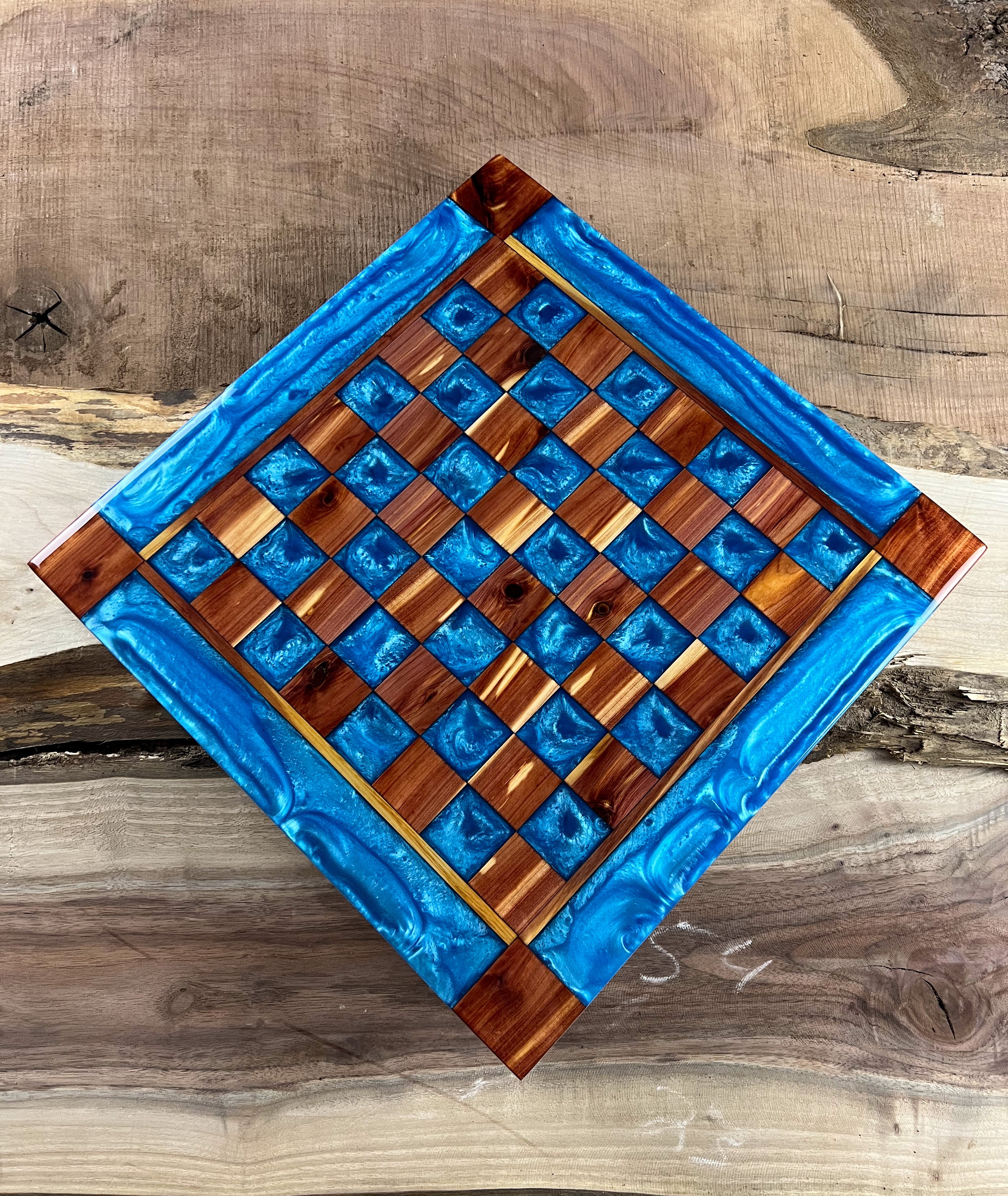 Caribbean Blue Cedar Chess Board (Glass Chess Set Included)