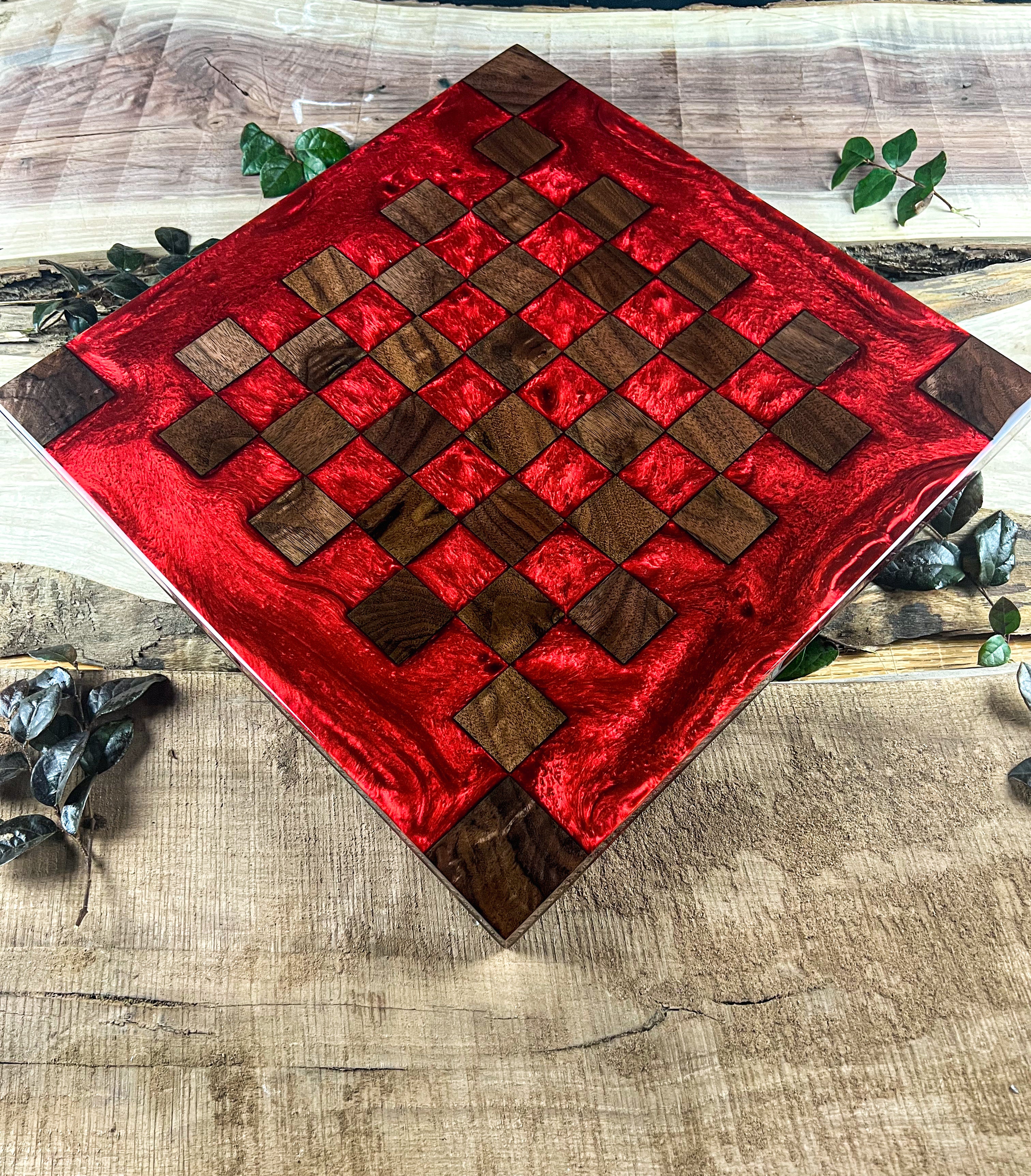 Black Walnut Red Lava Chess Board (Glass Chess Set Included)