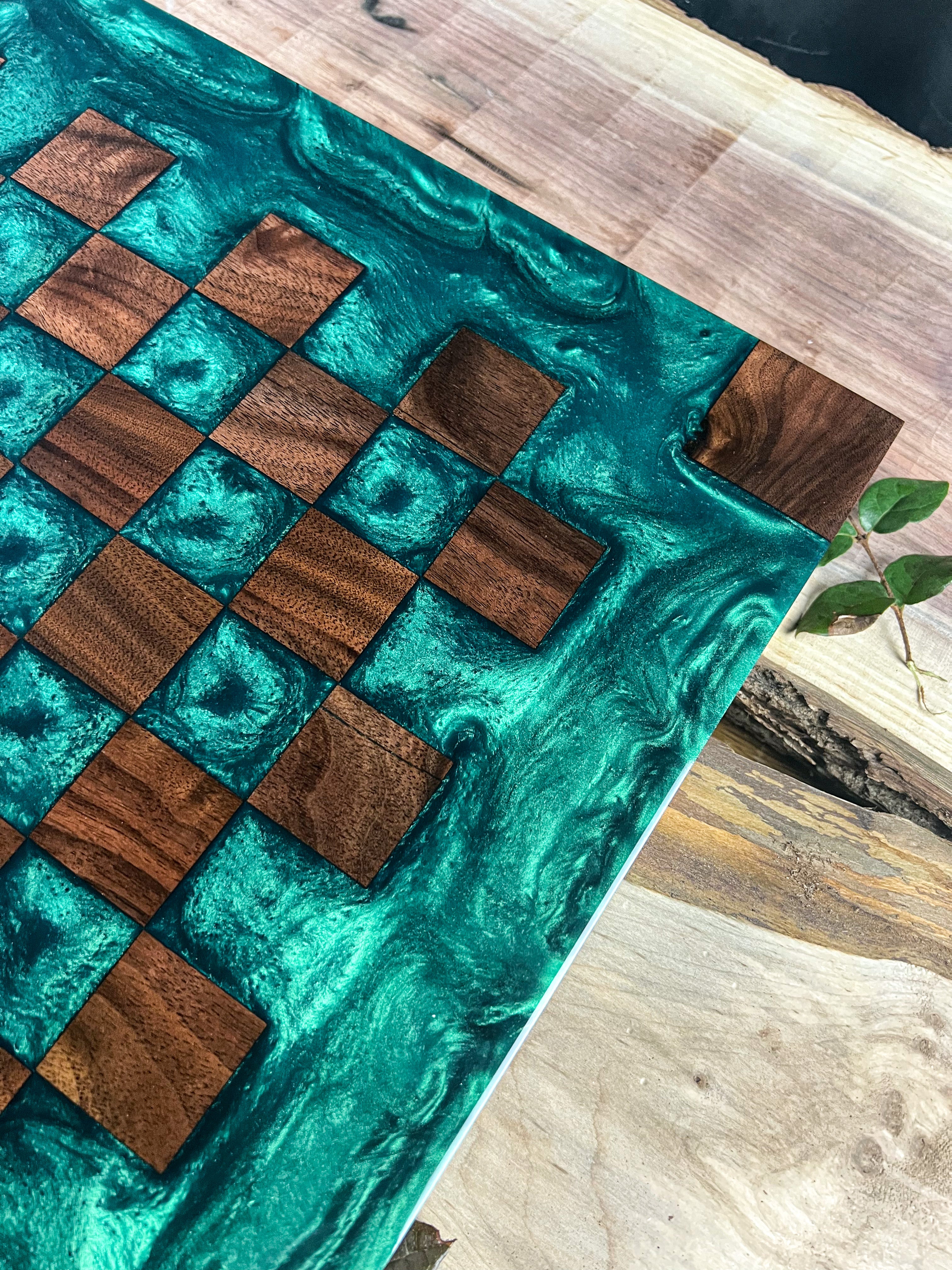 Black Walnut Emerald Green Chess Board (Glass Chess Set Included)