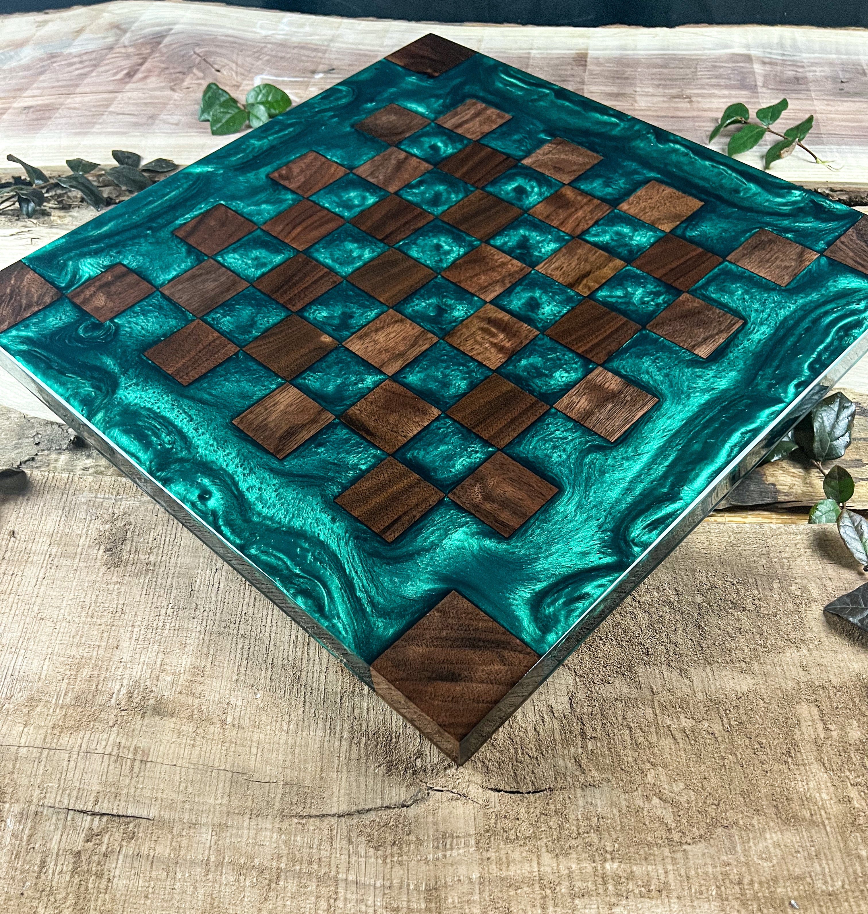 Black Walnut Emerald Green Chess Board (Glass Chess Set Included)