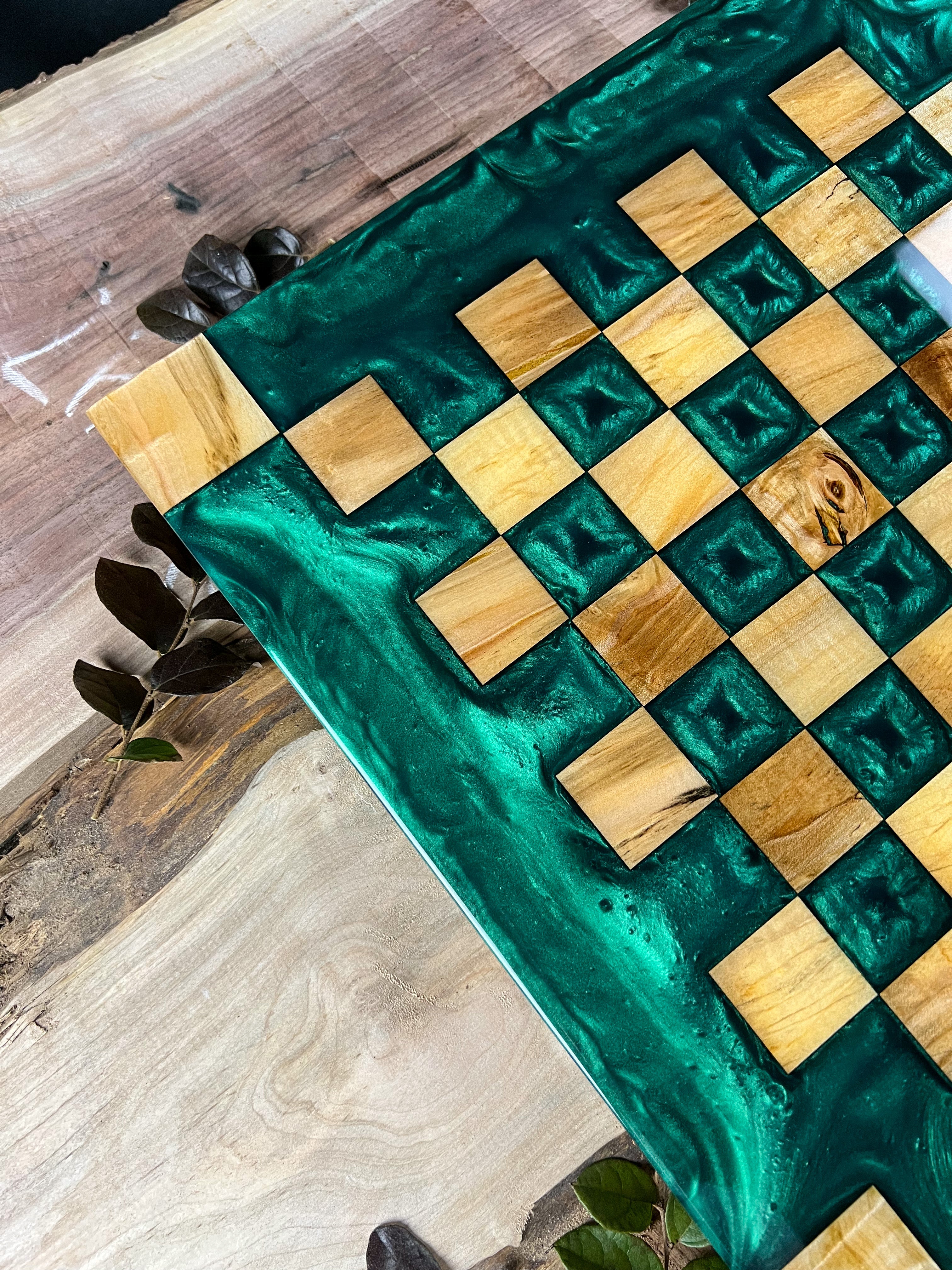Maple Wood Emerald Green Chess Board (Glass Chess Set Included)