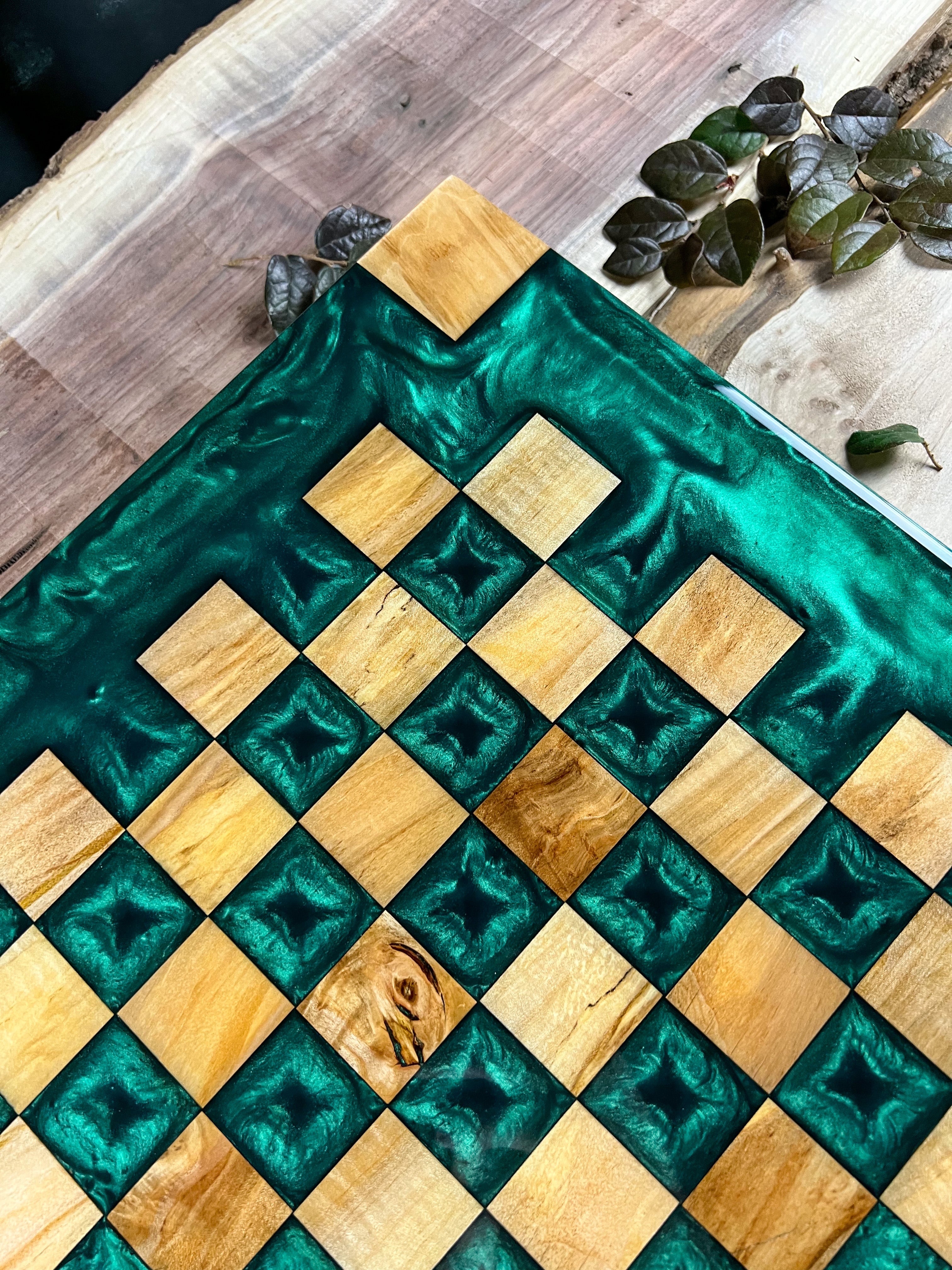 Maple Wood Emerald Green Chess Board (Glass Chess Set Included)