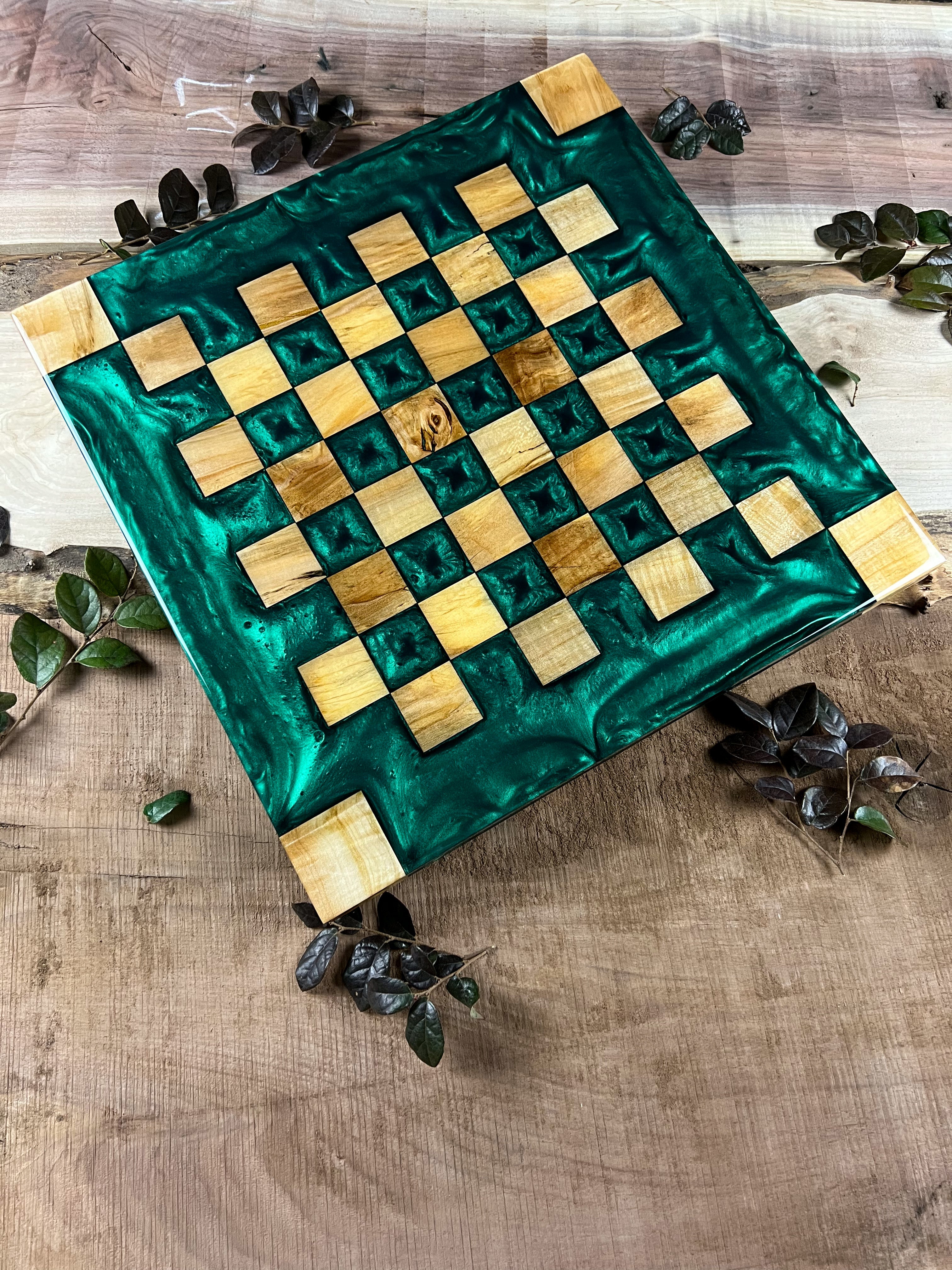 Maple Wood Emerald Green Chess Board (Glass Chess Set Included)