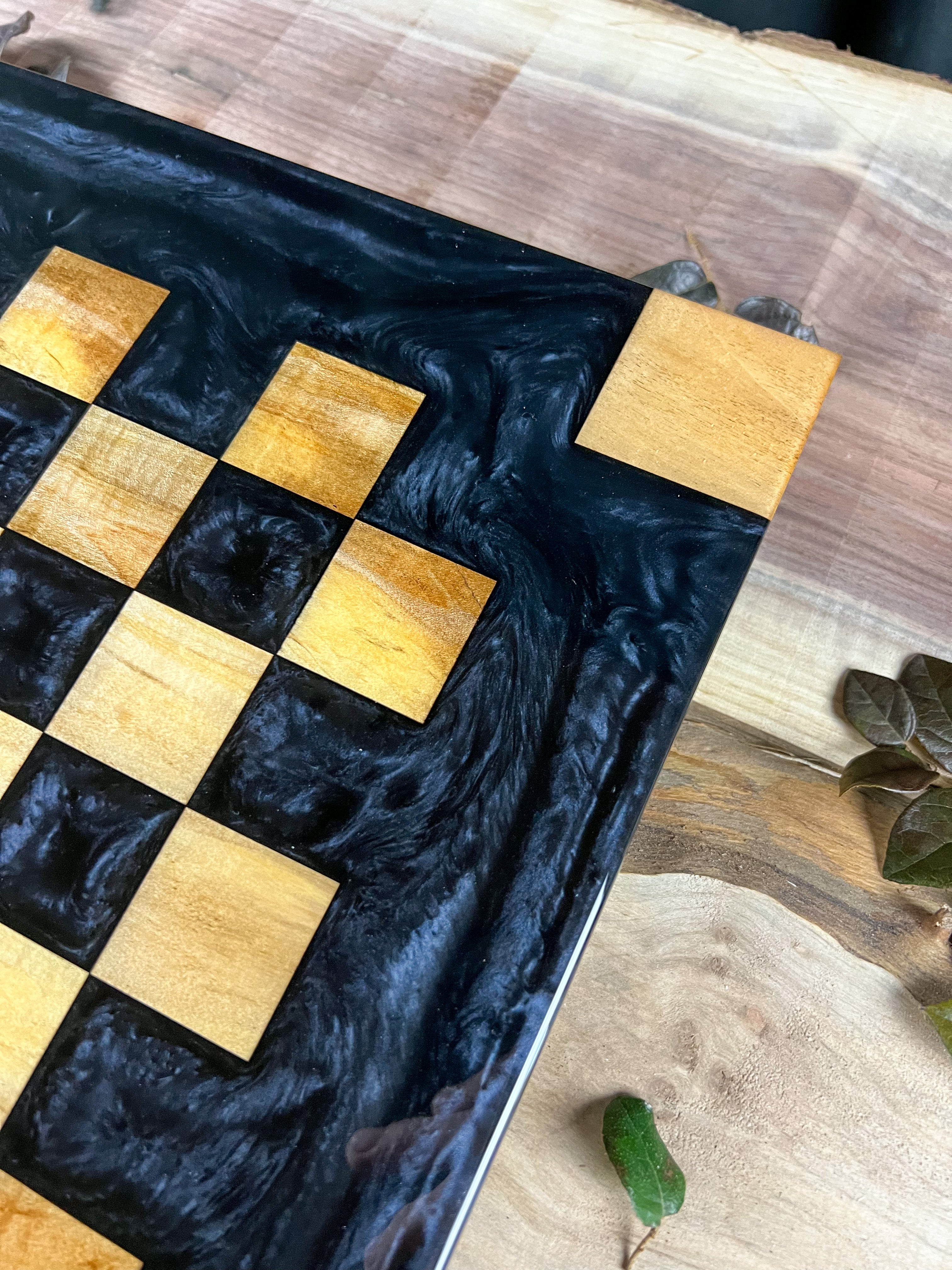 Maple Wood Black Onyx Chess Board (Glass Chess Set Included)