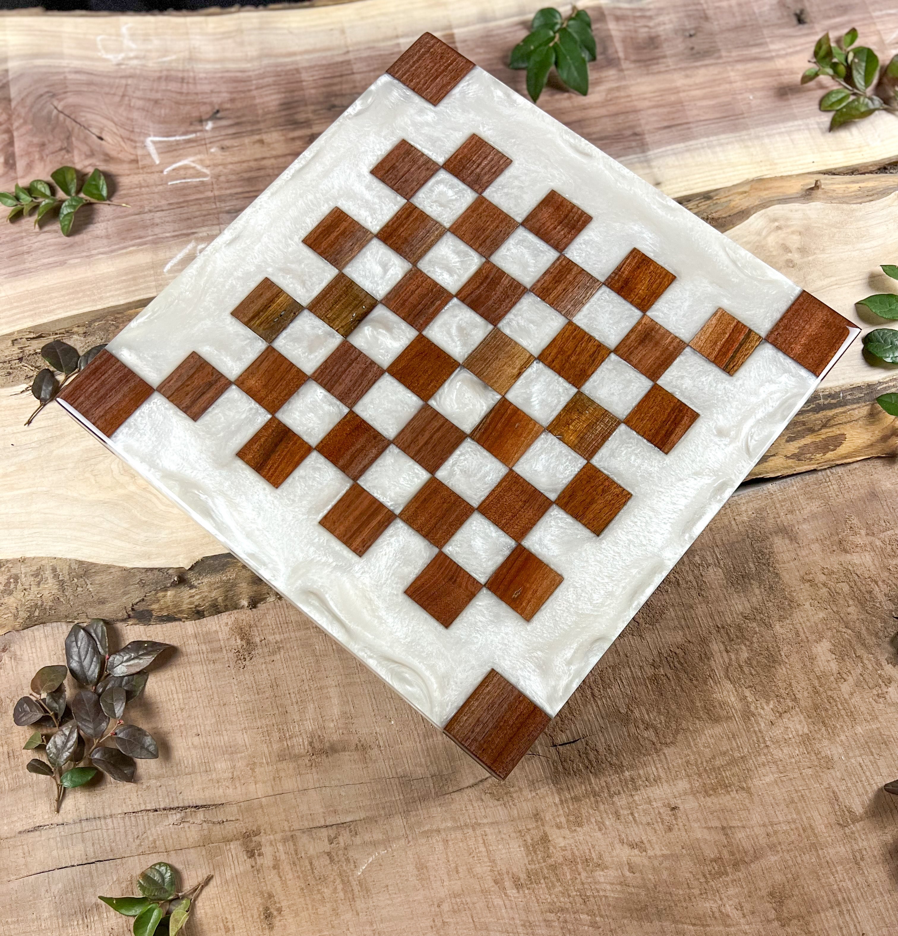 Pure Pearl White Black Walnut Chess Board (Glass Chess Set Included)