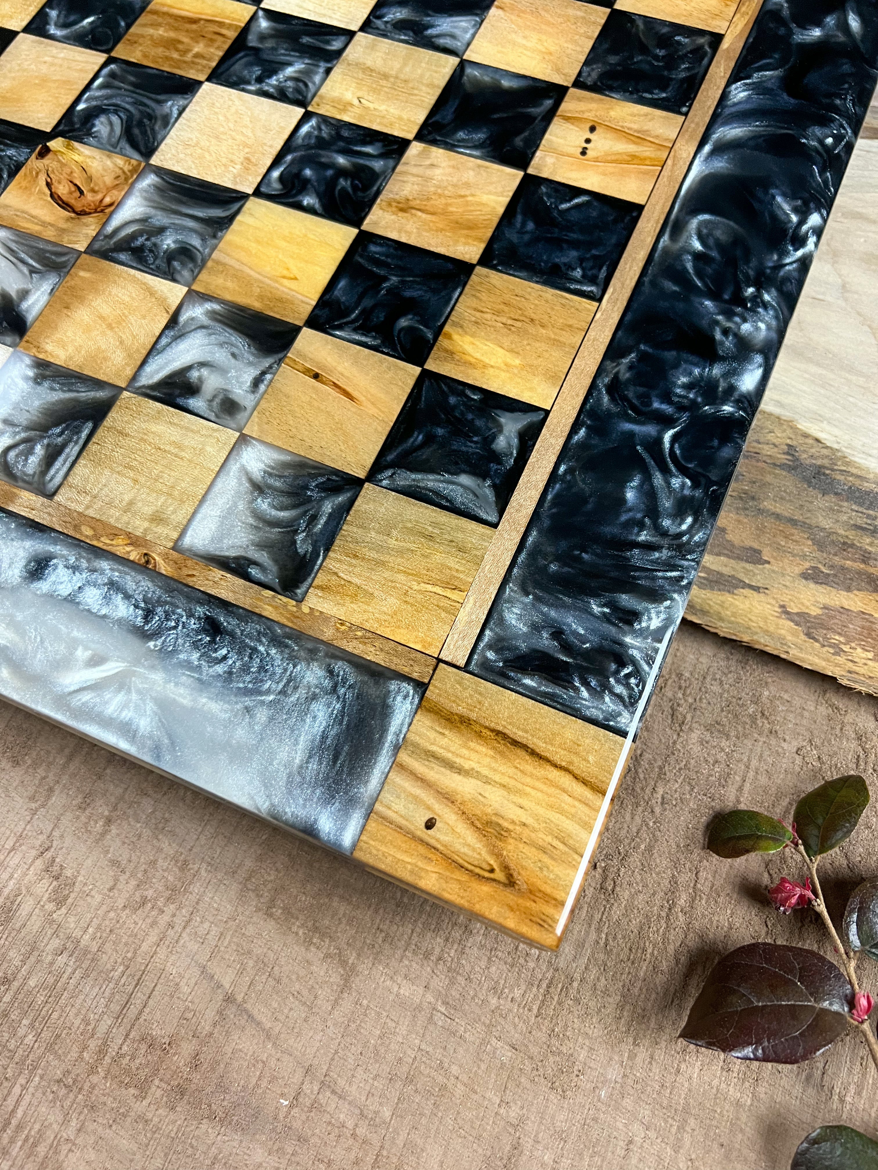 Maple Wood Pearl Black Onyx Chess Board (Glass Chess Set Included)