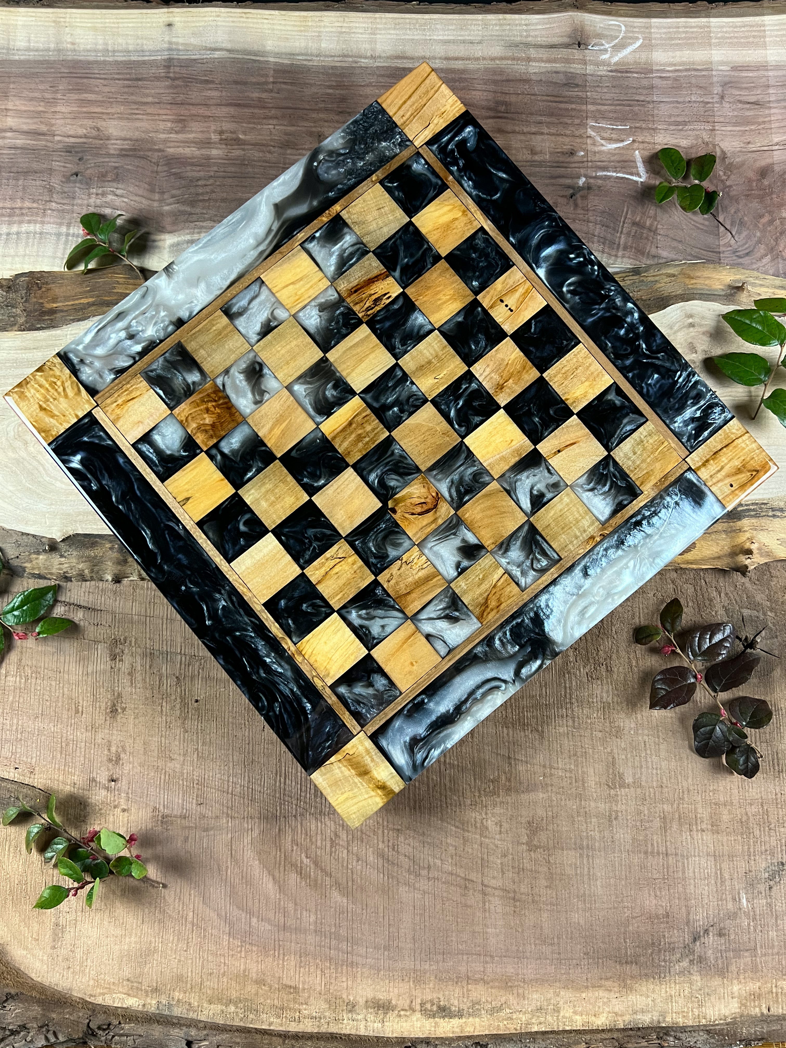Maple Wood Pearl Black Onyx Chess Board (Glass Chess Set Included)