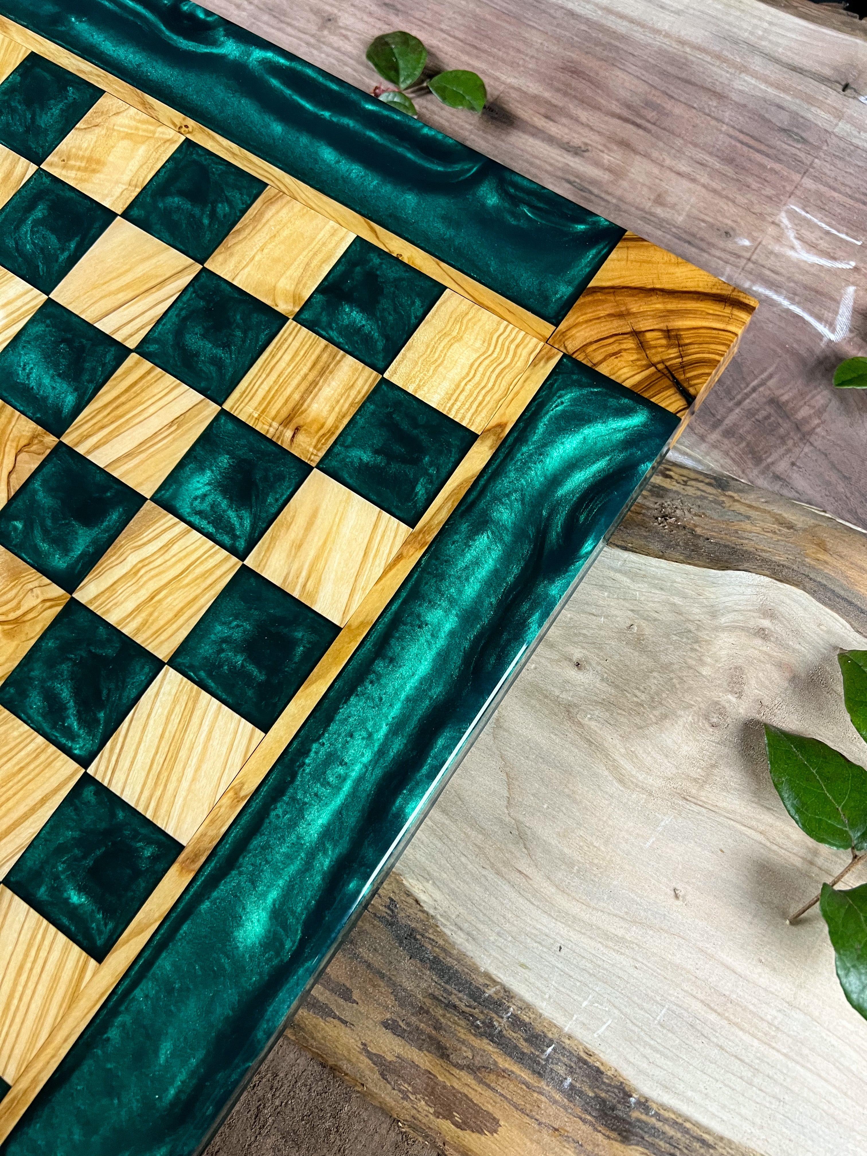 Emerald Green Olive Wood Chess Board (With Border)