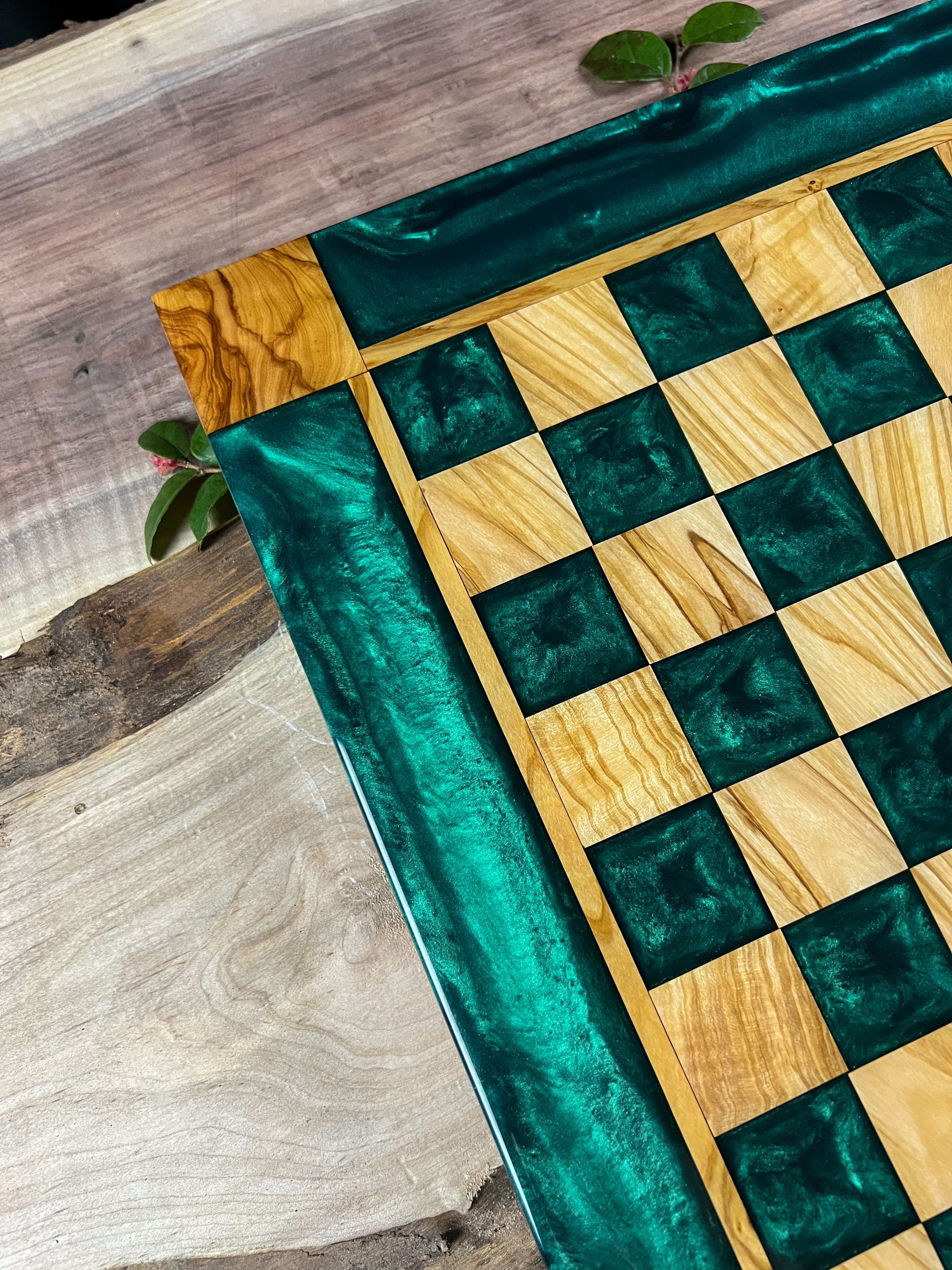 Emerald Green Olive Wood Chess Board (With Border)