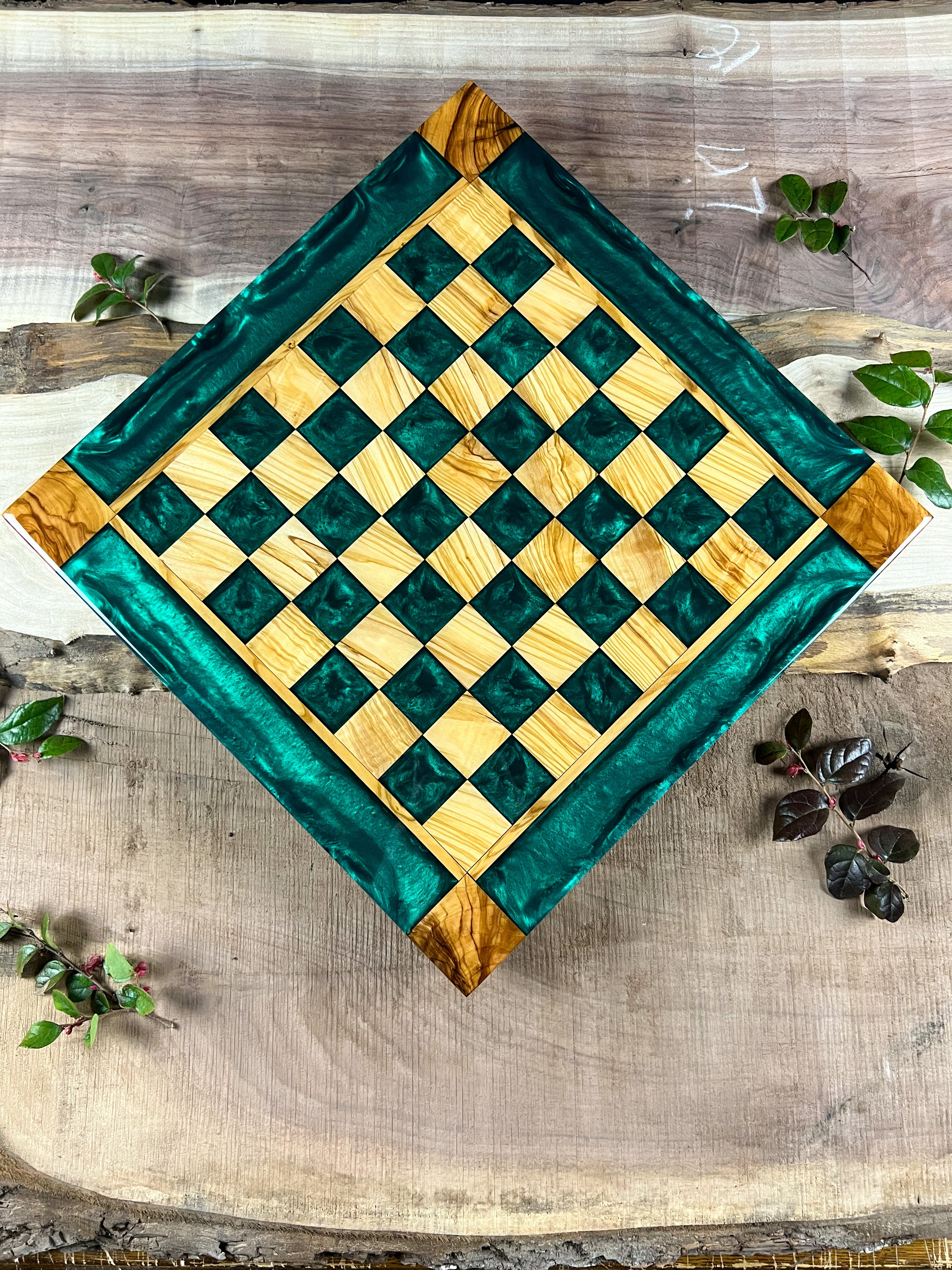 Emerald Green Olive Wood Chess Board (With Border)