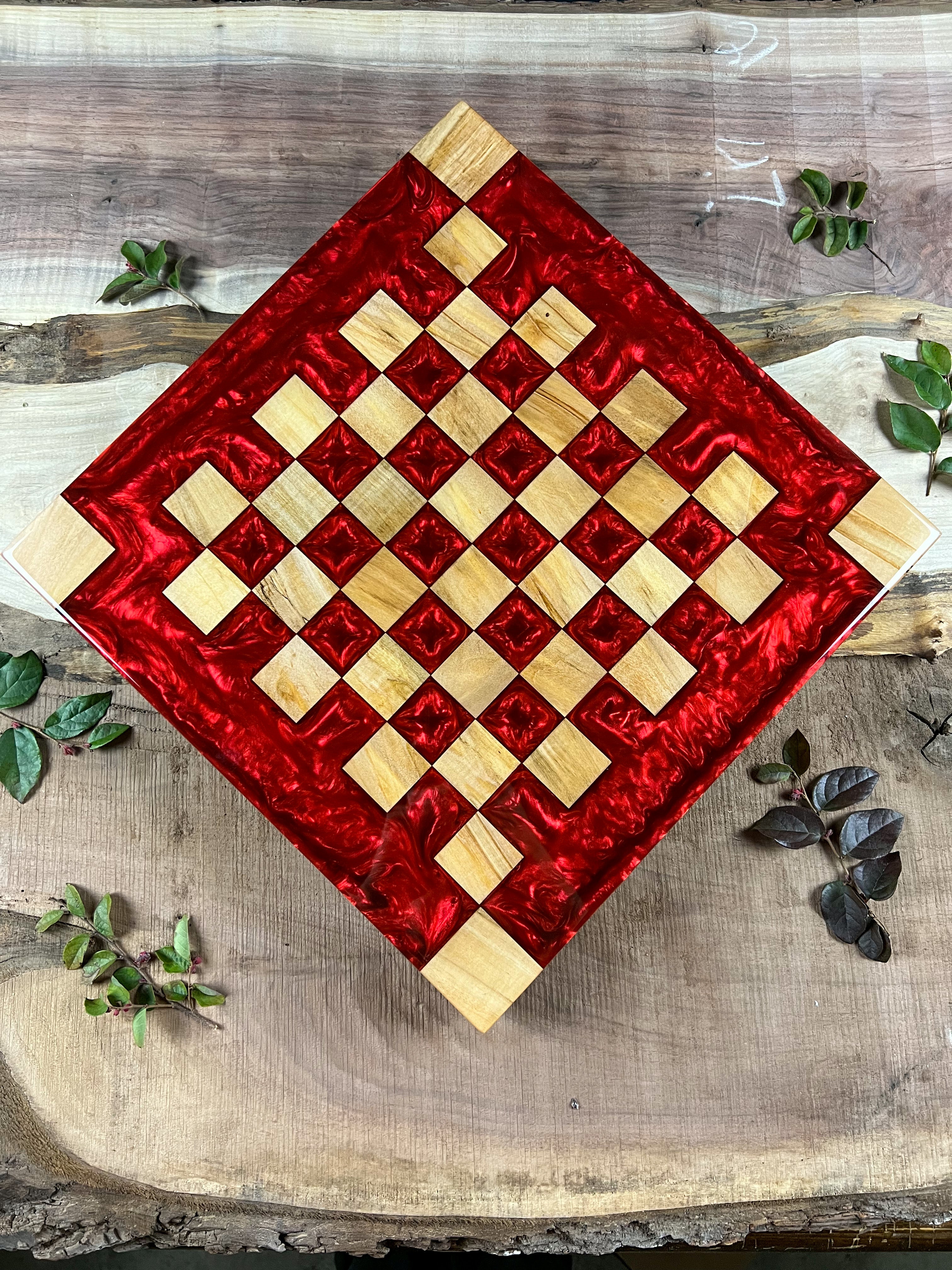 Maple Wood Red Lava Chess Board (Glass Chess Set Included)