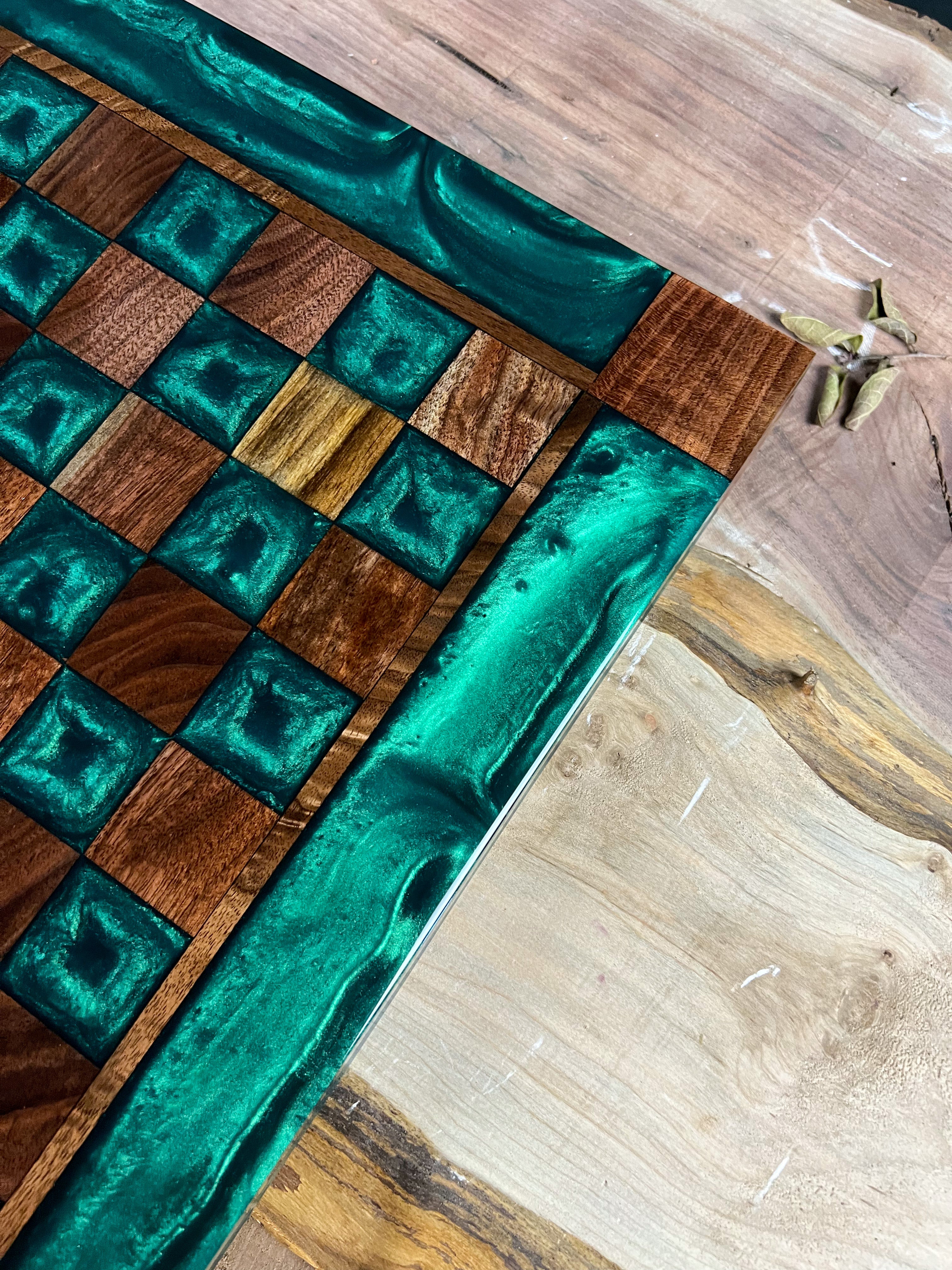Emerald Green Black Walnut Chess Board (Glass Chess Set Included)