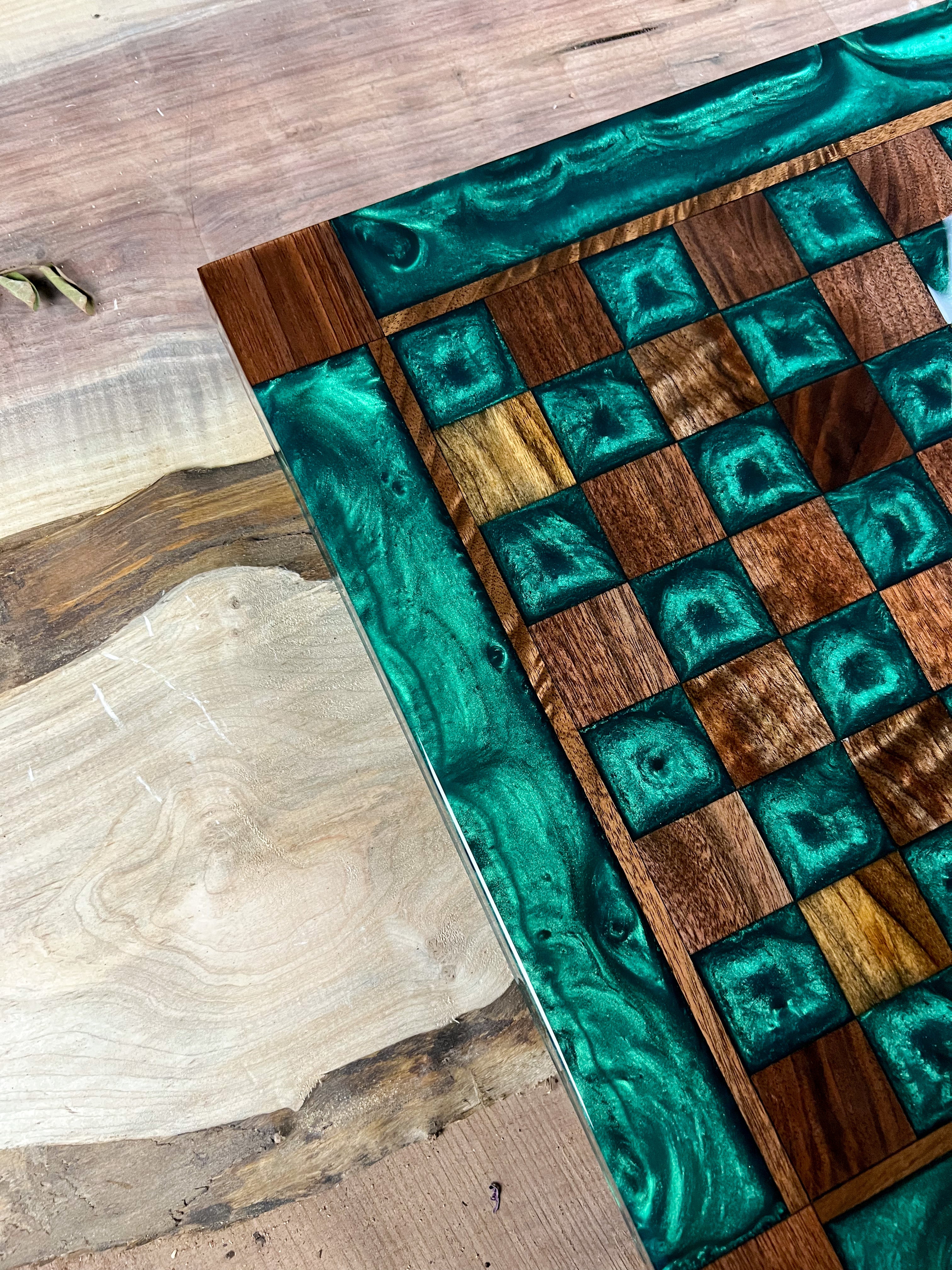 Emerald Green Black Walnut Chess Board (Glass Chess Set Included)