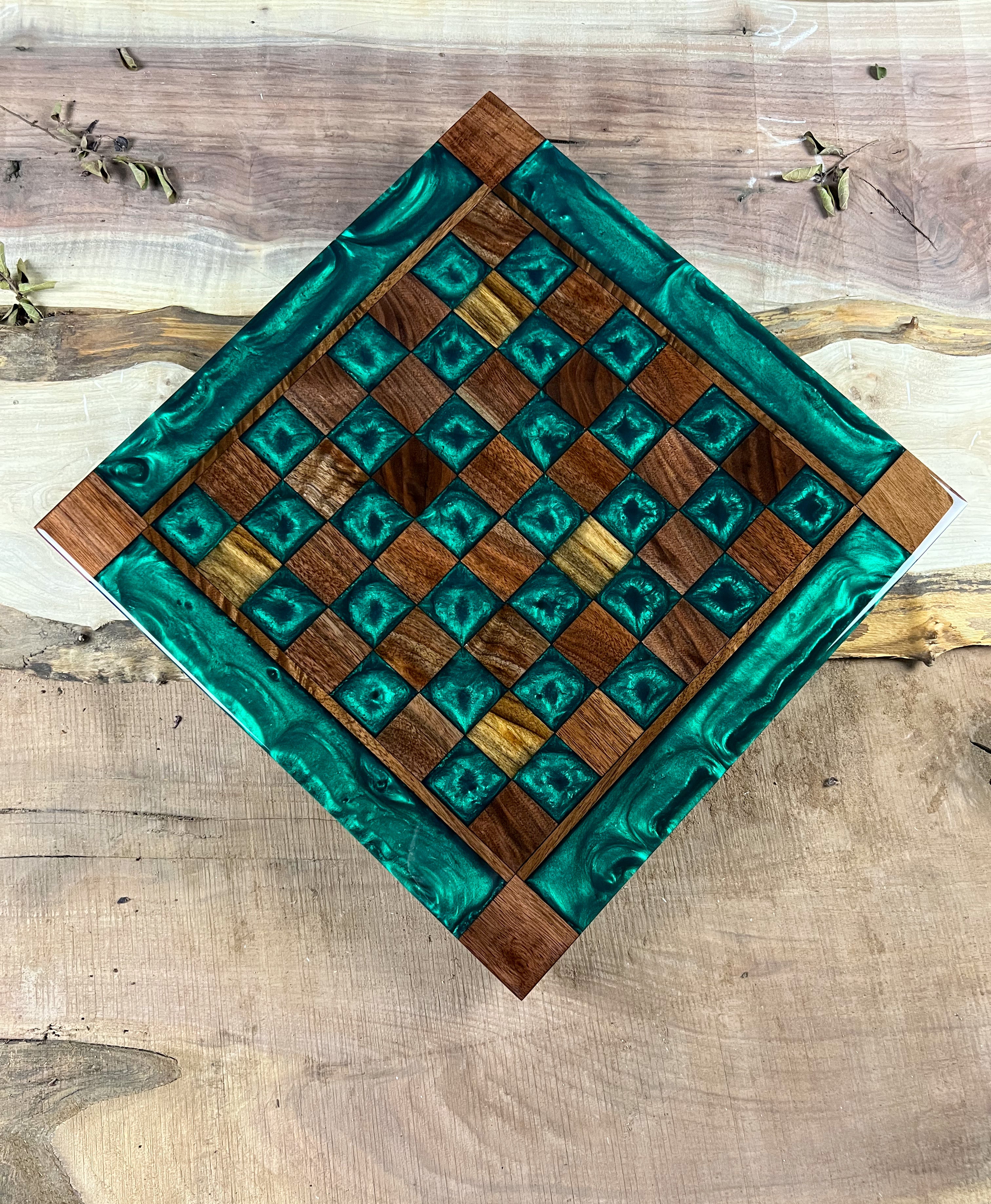 Emerald Green Black Walnut Chess Board (Glass Chess Set Included)