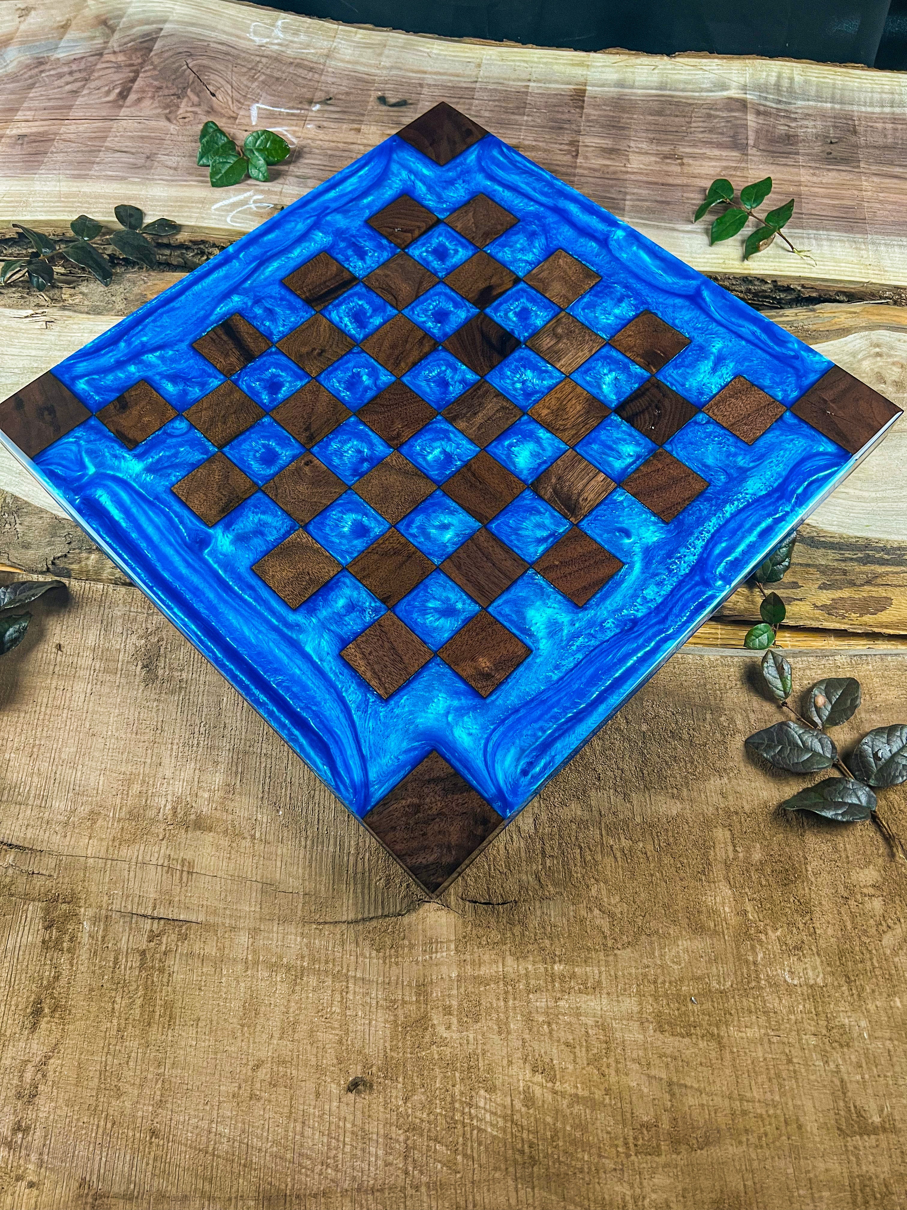 Black Walnut Caribbean Blue Chess Board (Glass Chess Set Included)