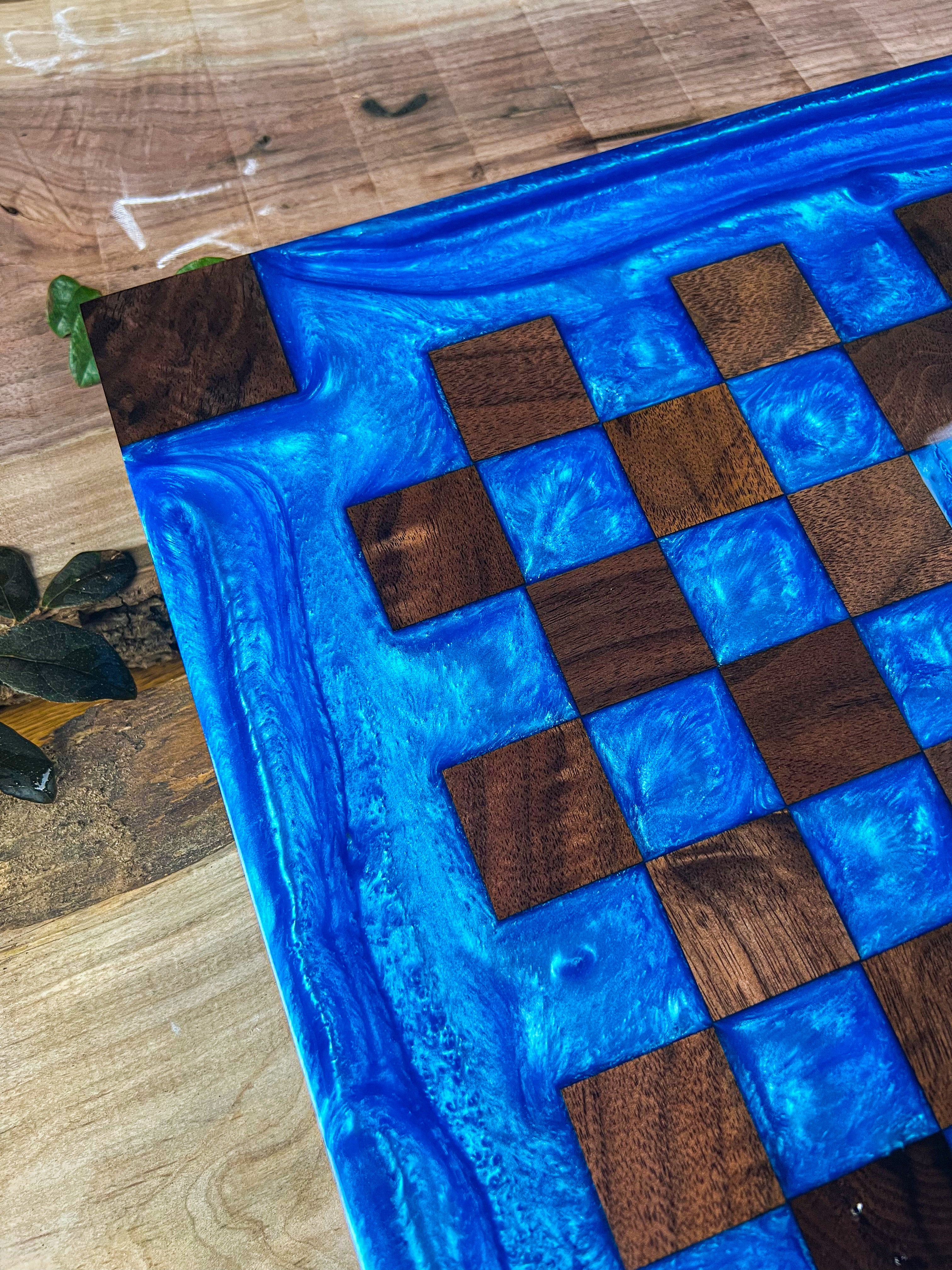 Black Walnut Caribbean Blue Chess Board (Glass Chess Set Included)