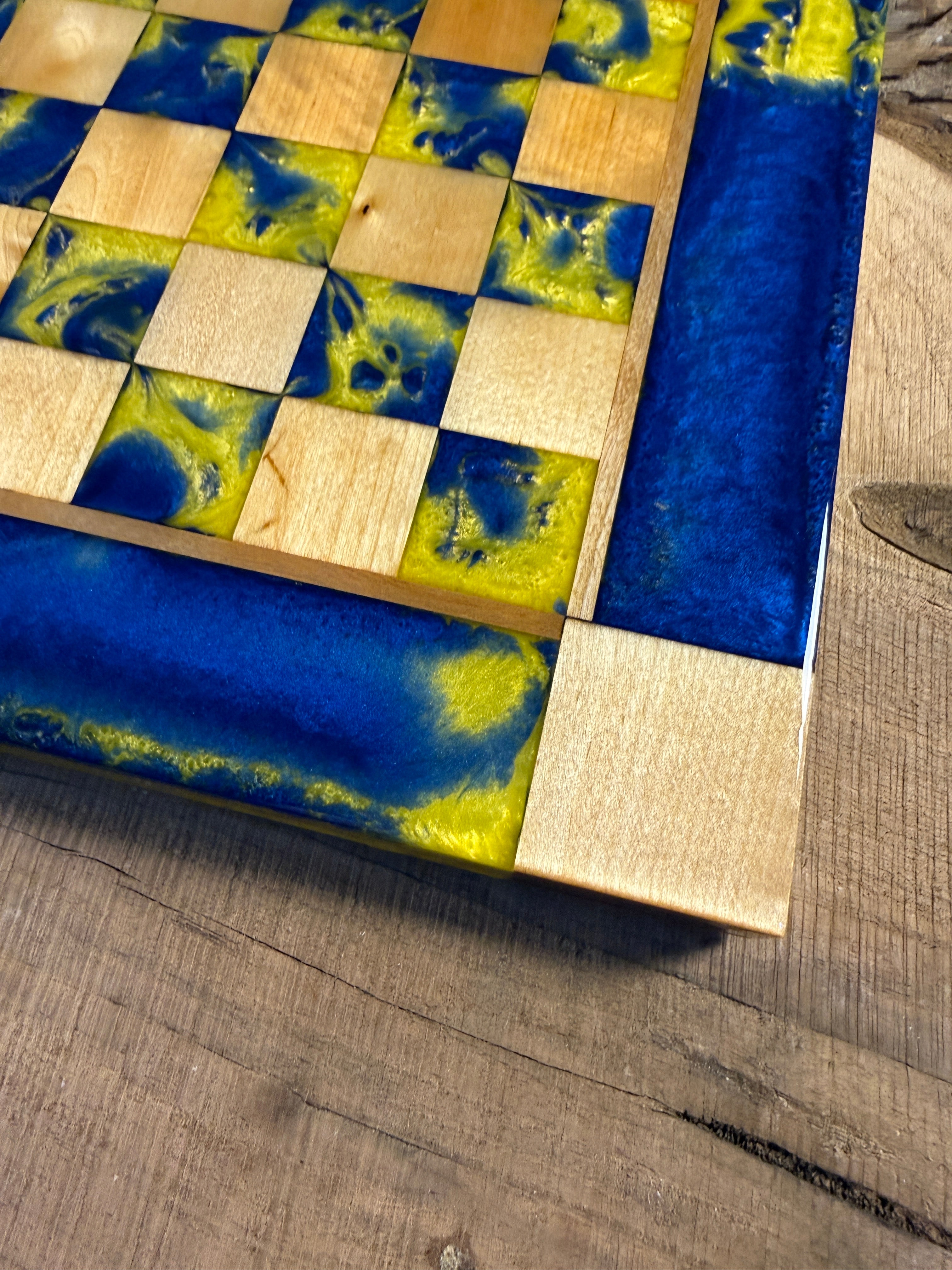 Vivid Yellow Deep Blue Maple Wood Chess Board (Chess Set Included)