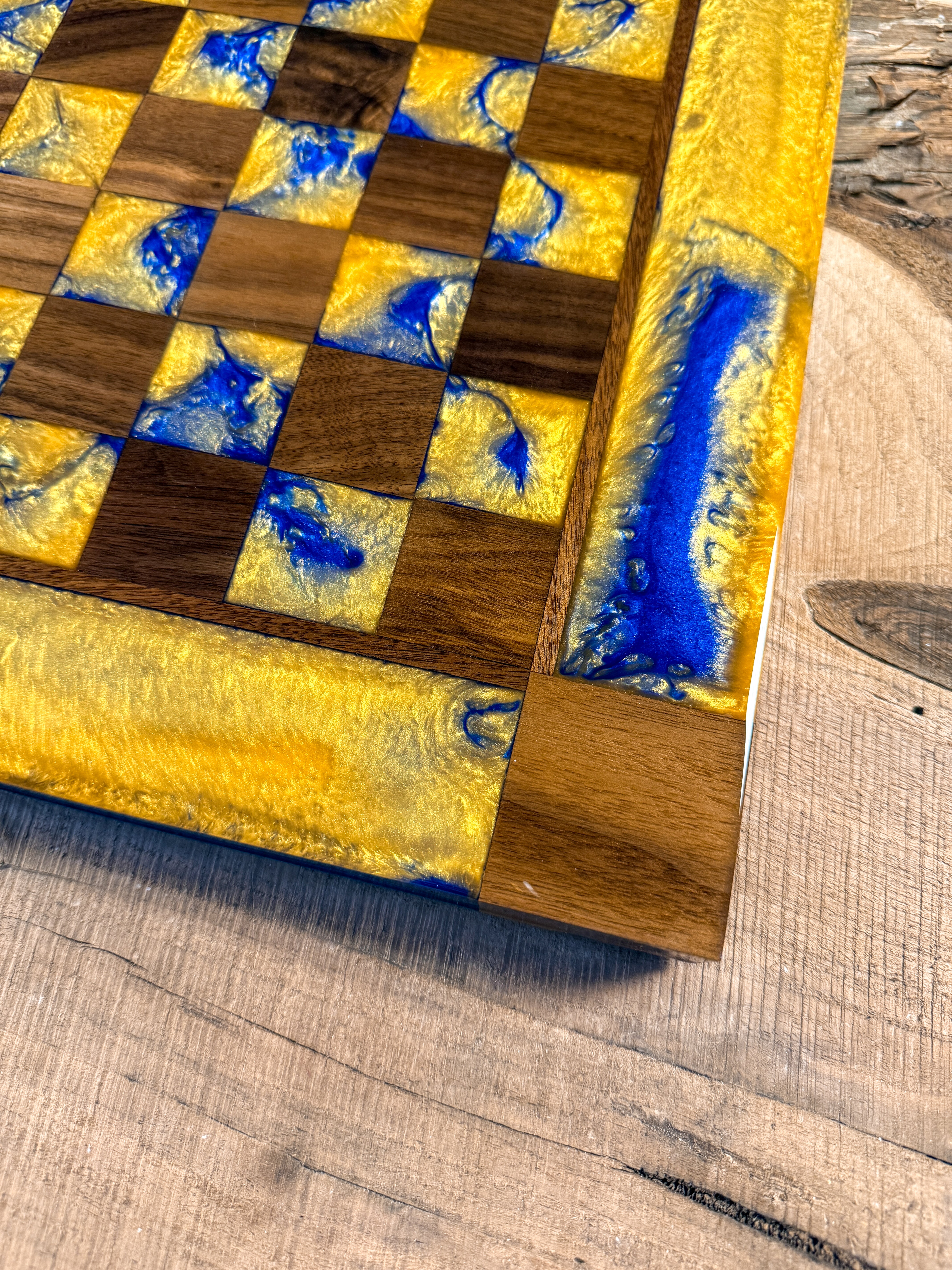 Golden Deep Blue Walnut Wood Chess Board (INCLUDES PIECES)