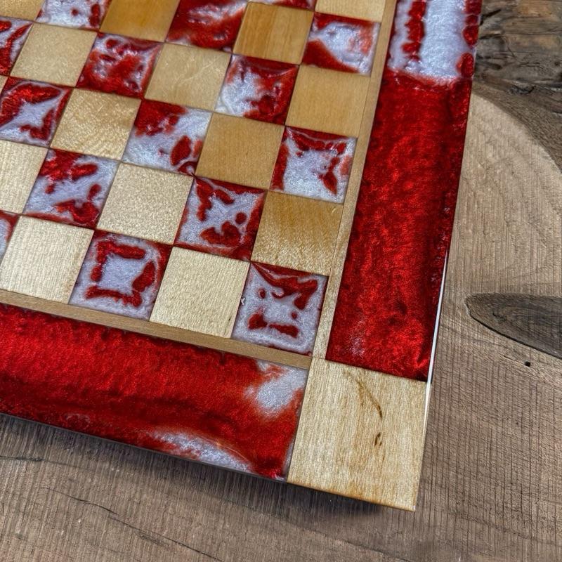 Red Lava Pearl White Maple Wood Chess Board (INCLUDES PIECES)