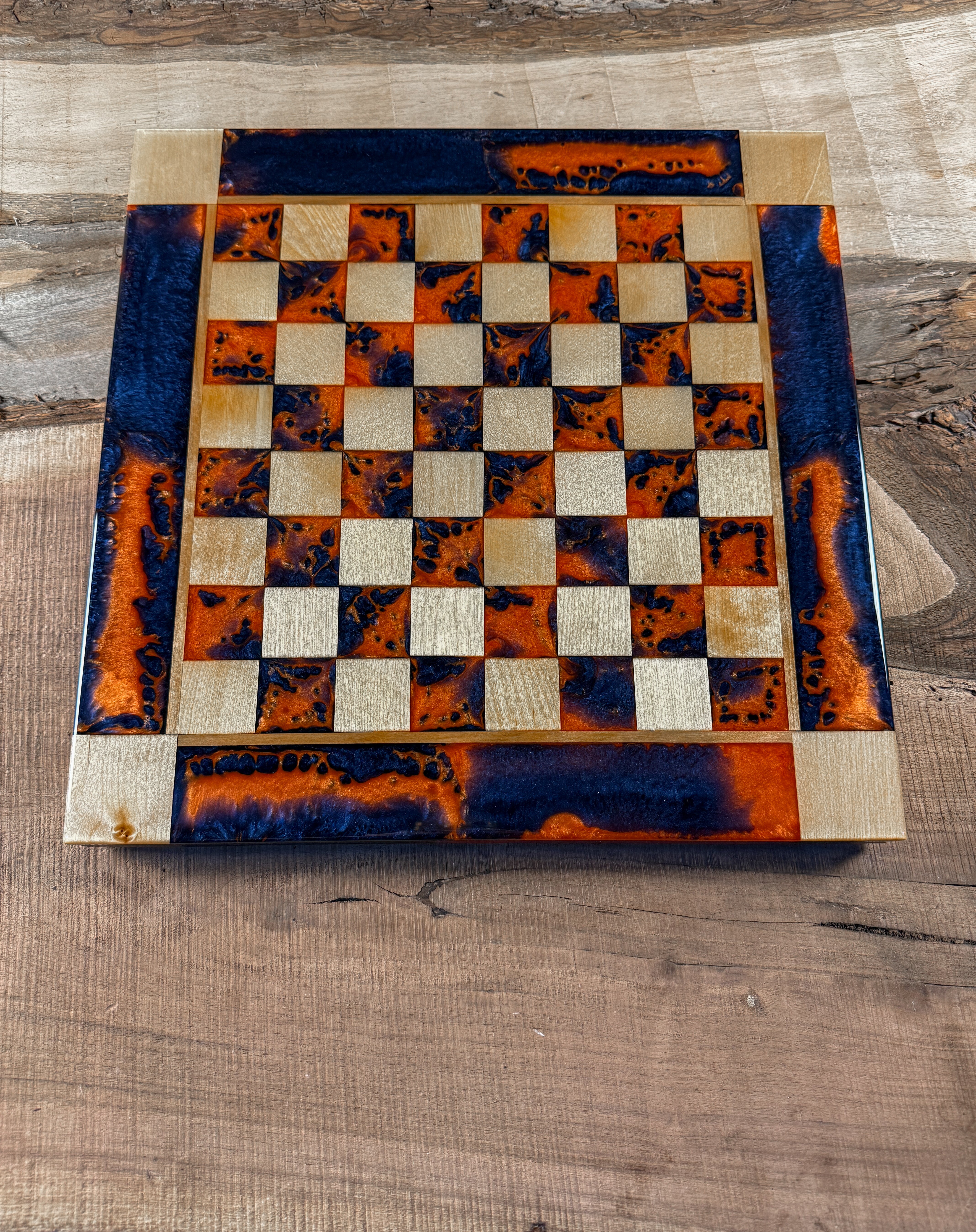 Vivid Orange Dark Blue Maple Wood Chess Checker Board (Chess Set Included)