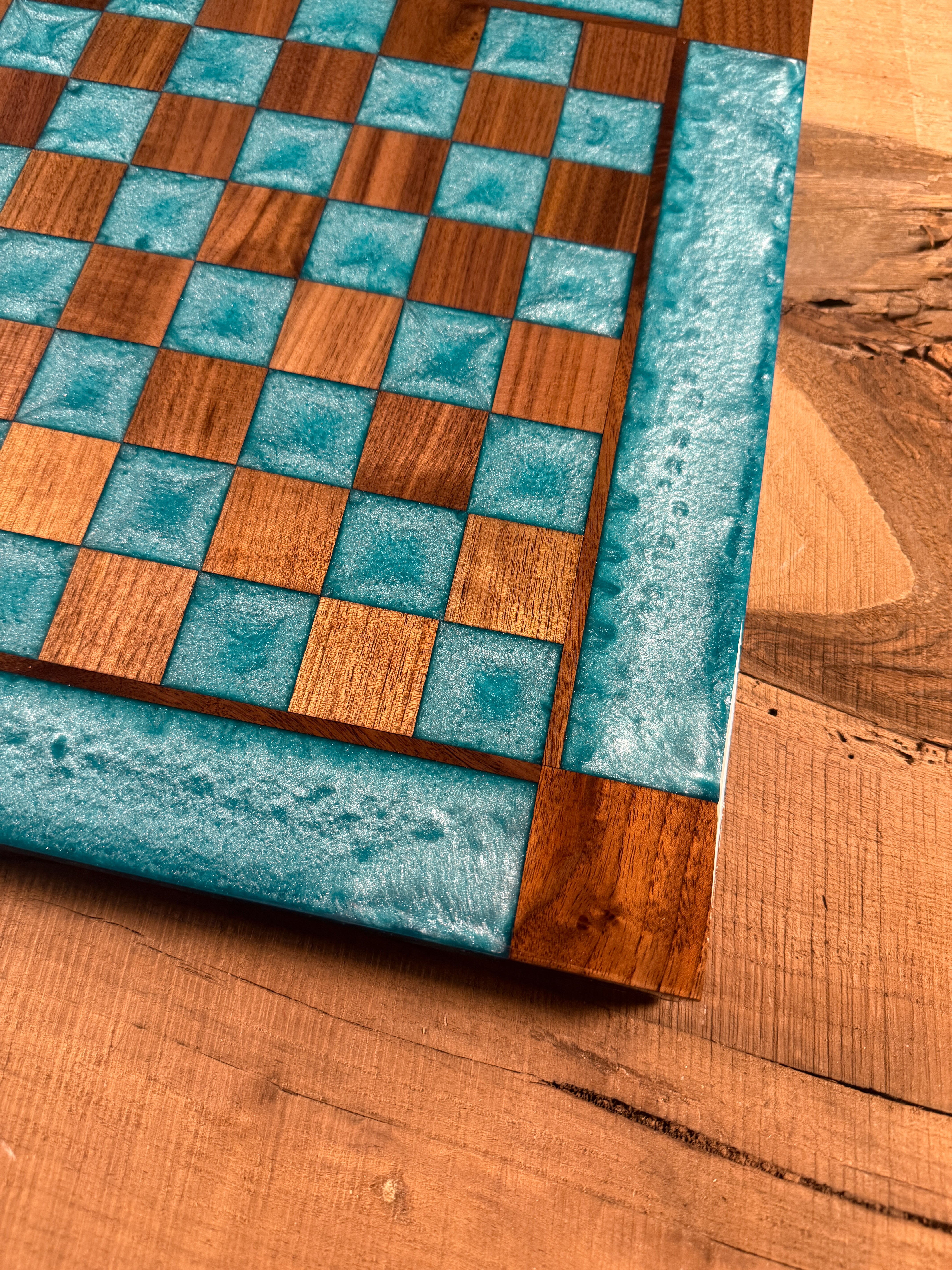 Turquoise Diamond Black Walnut Chess Board (Chess Set Included)