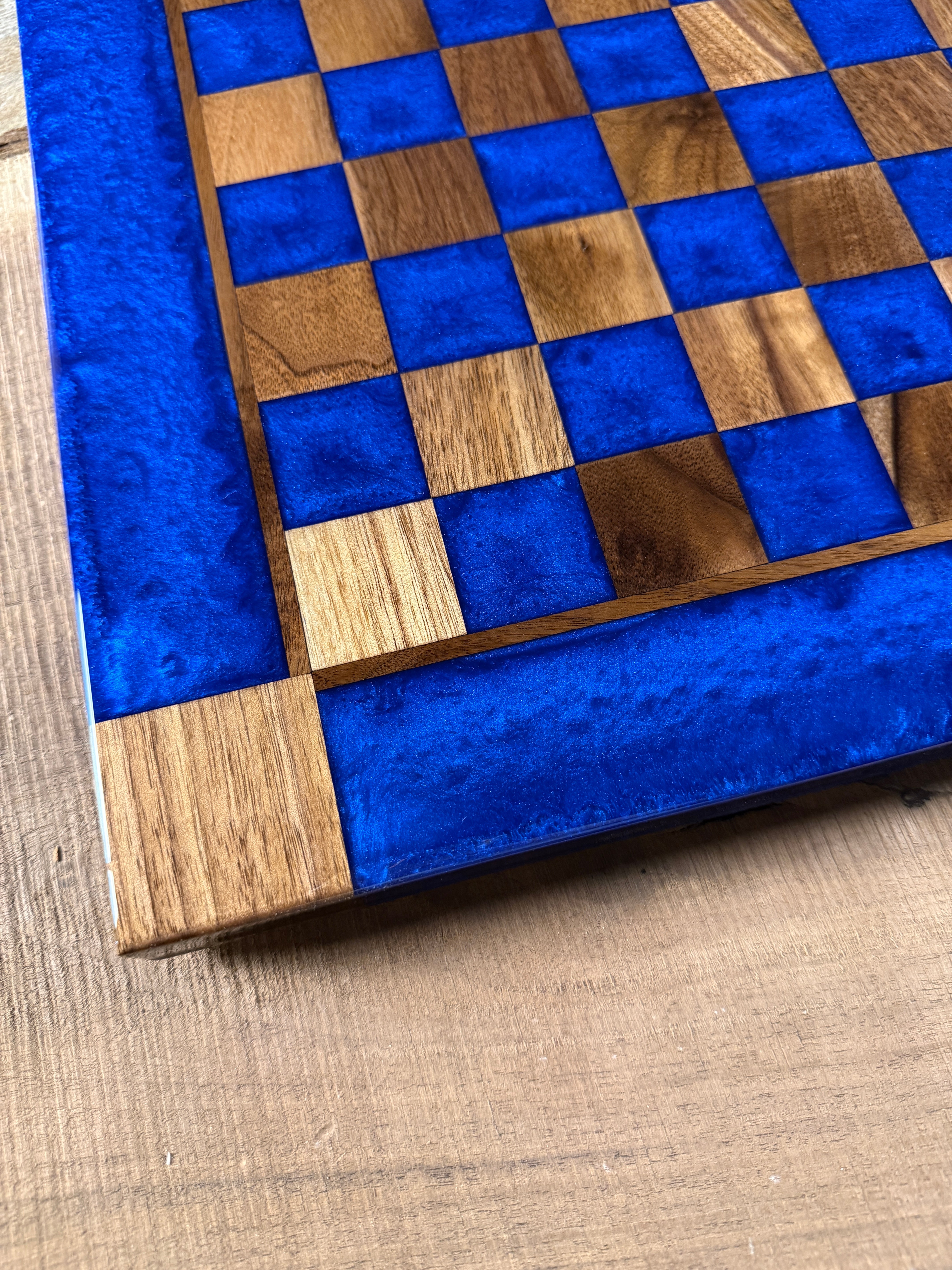 Deep Blue Walnut Chess Board (Chess Set Included)