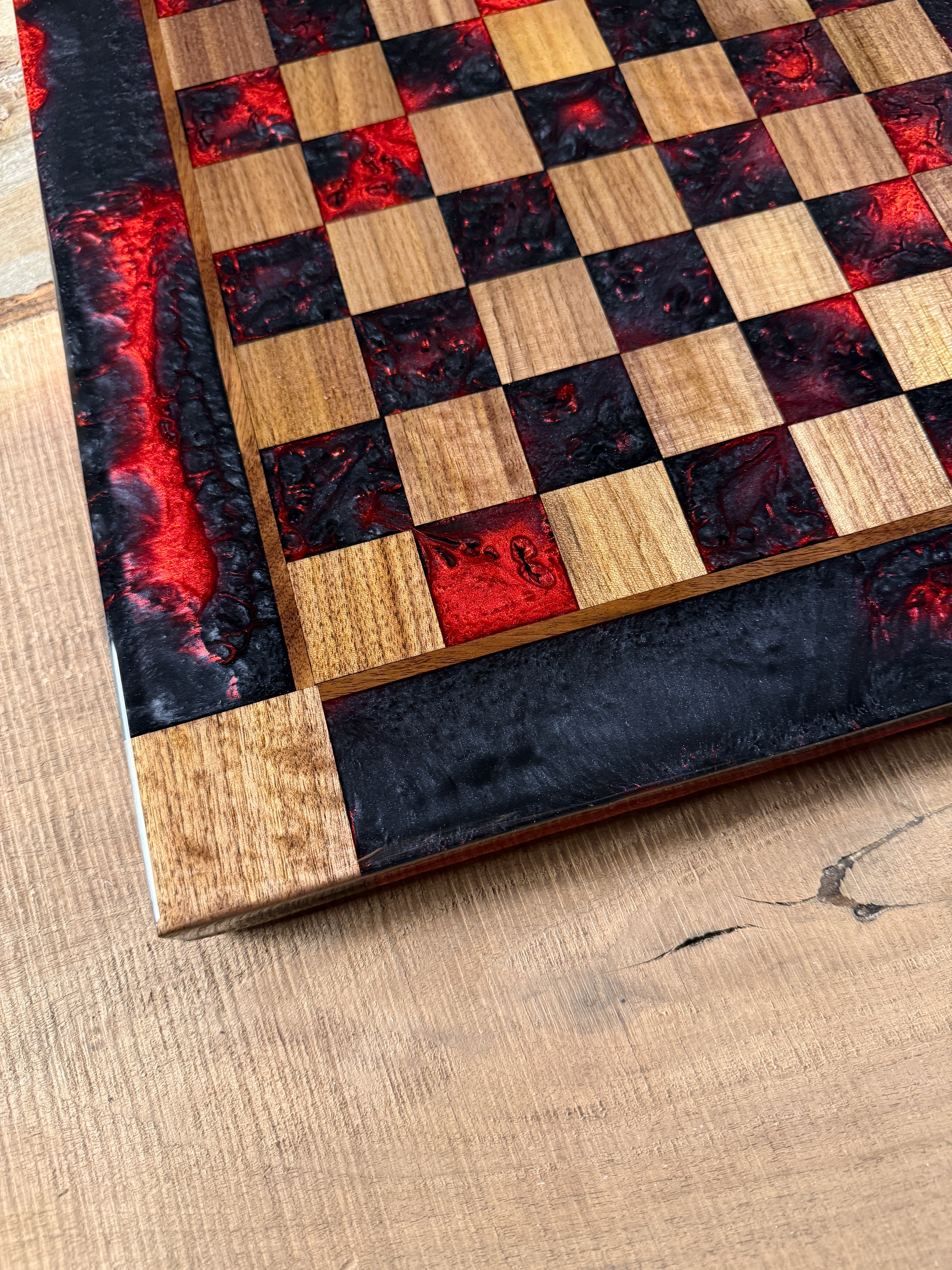 Black Onyx Red Lava Black Walnut Chess Board (INCLUDES PIECES)