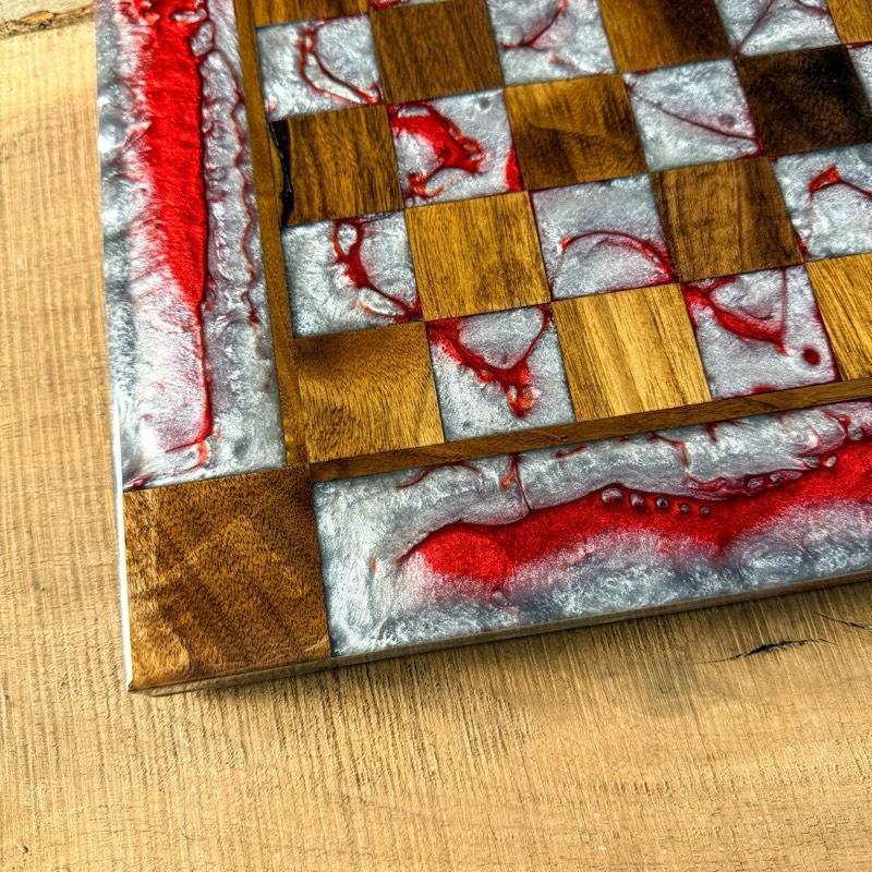 Silver Red Cloud Walnut Wood Chess Board (INCLUDES PIECES)
