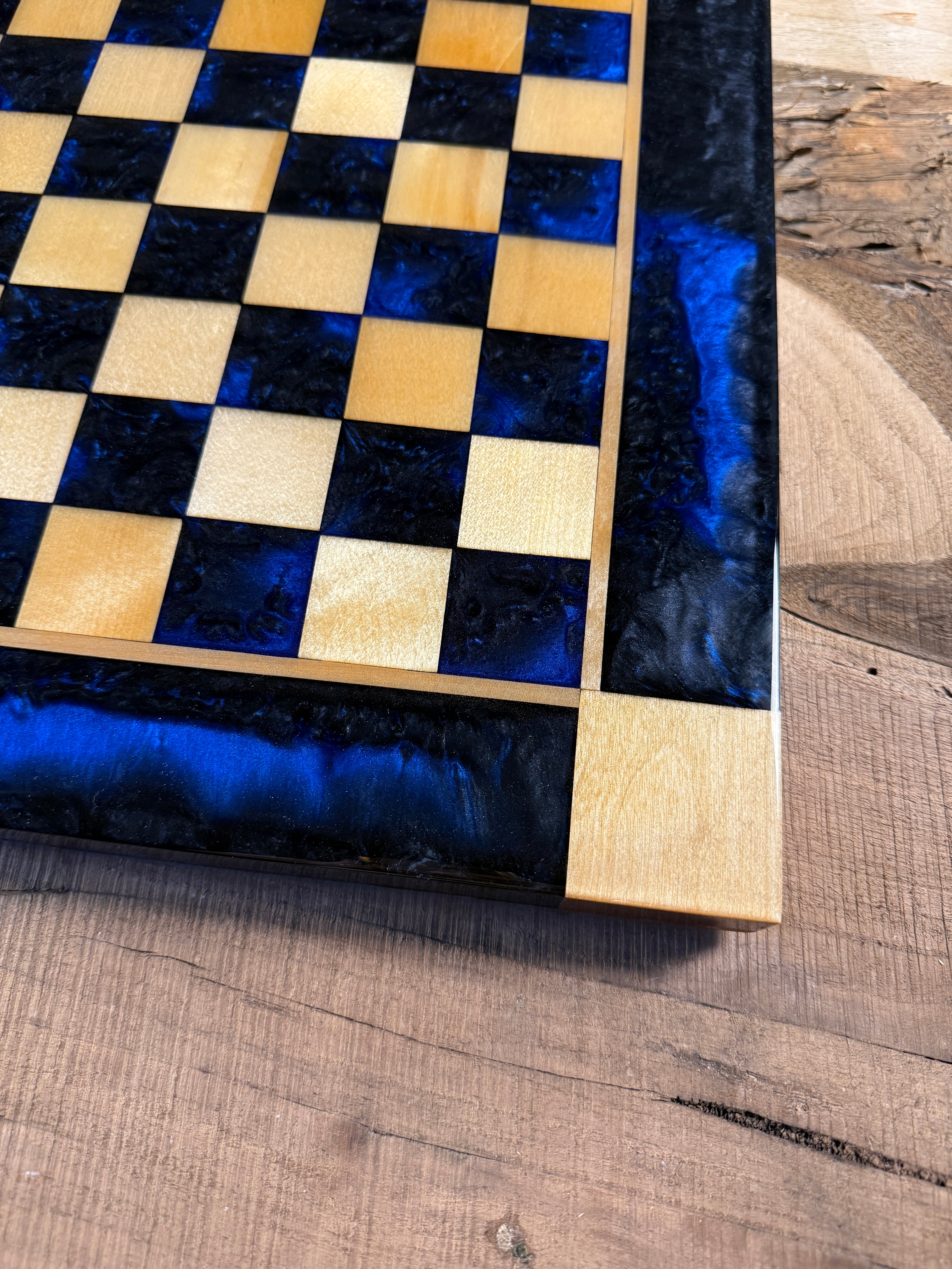 Black Onyx Deep Blue Maple Wood Chess Board (Chess Set Included)