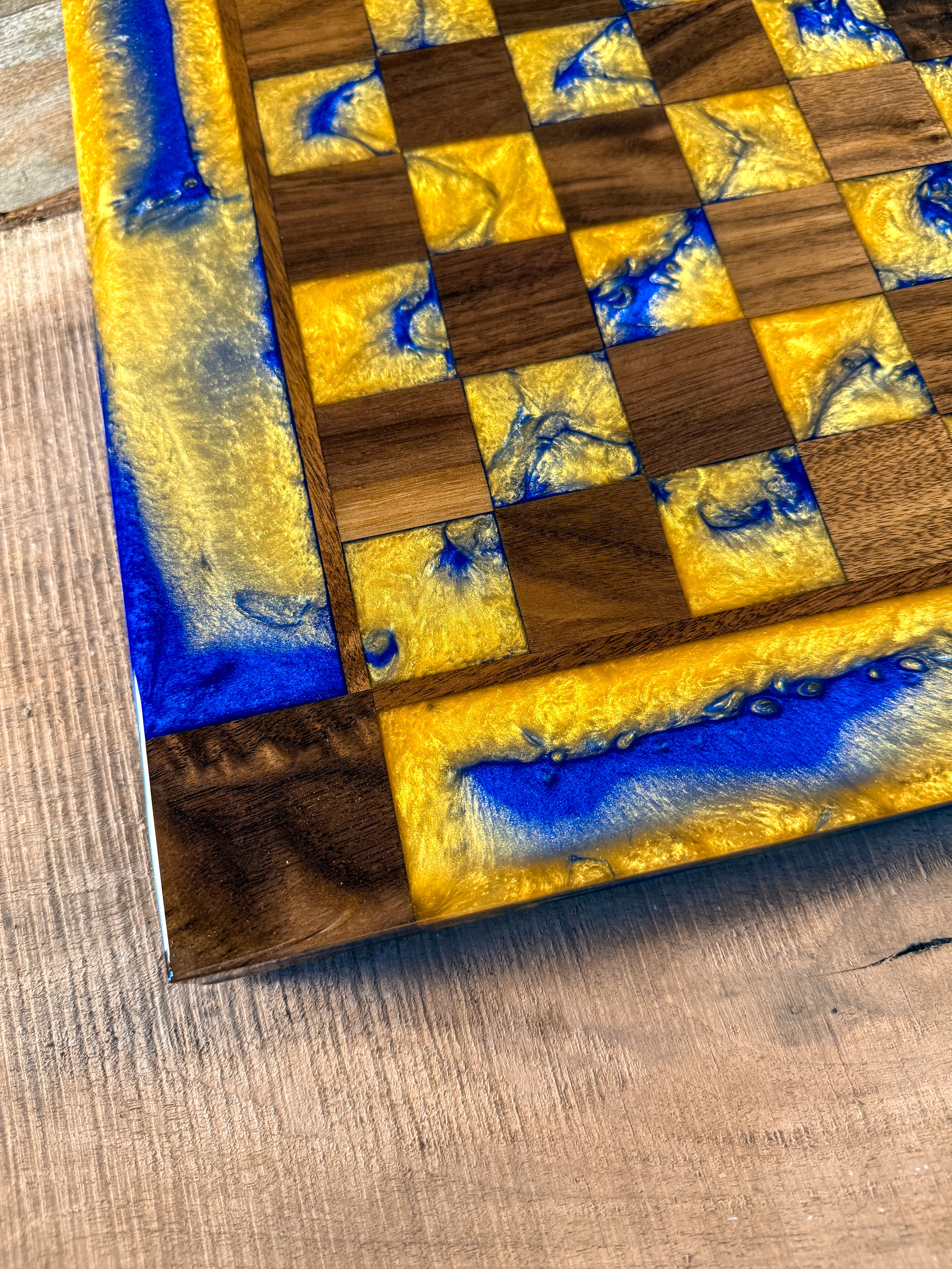 Golden Deep Blue Walnut Wood Chess Board (INCLUDES PIECES)