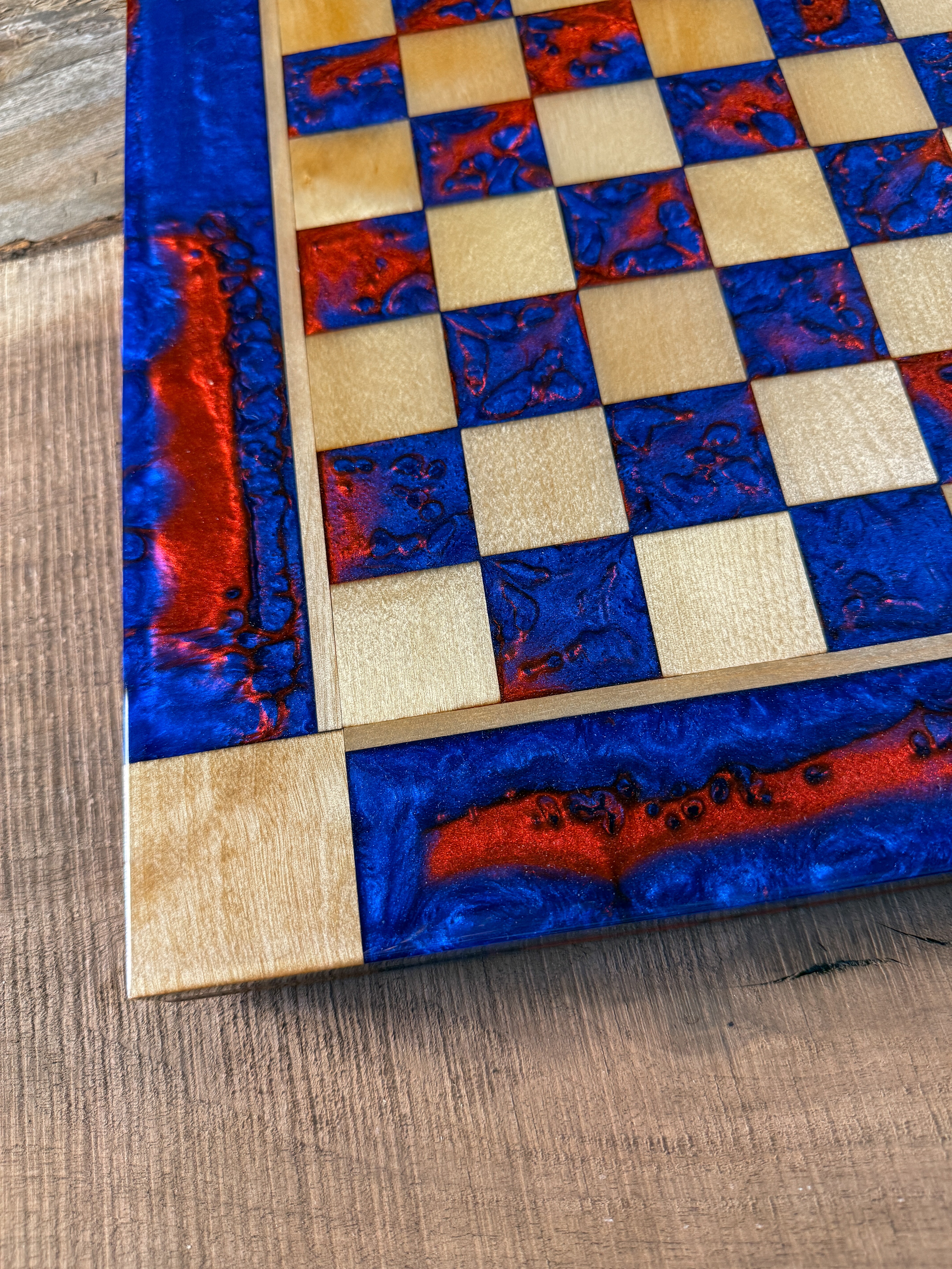 Deep Blue Red Lava Maple Wood Chess Board (Chess Set Included)