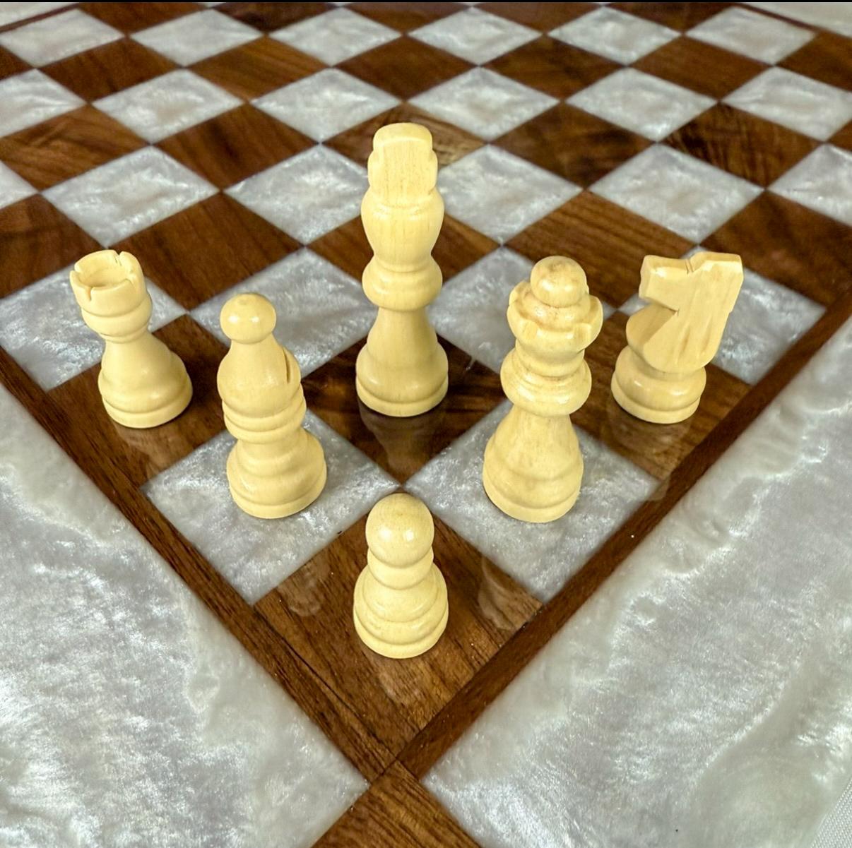 Golden Deep Blue Walnut Wood Chess Board (INCLUDES PIECES)