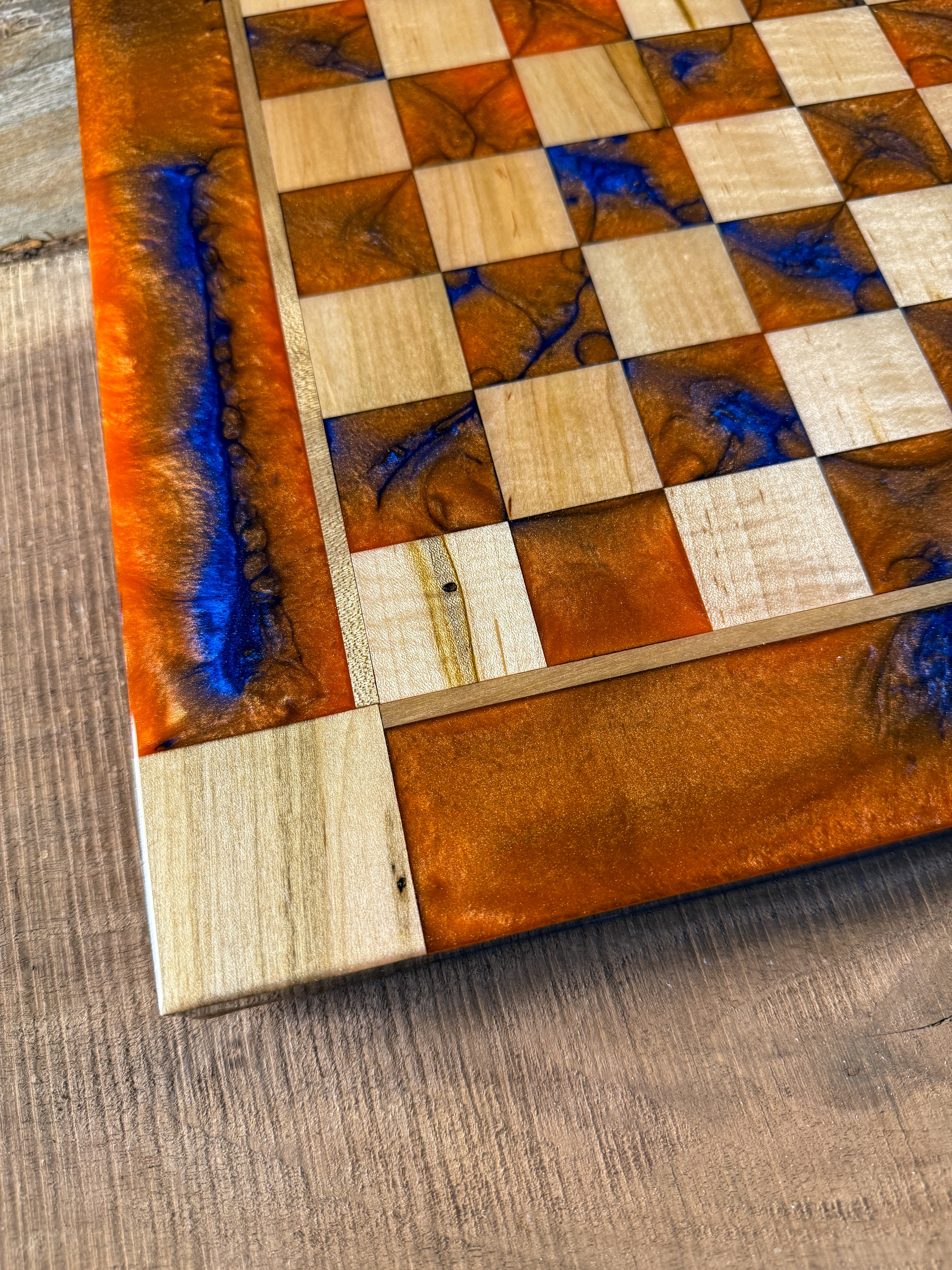 Deep Blue Vivid Orange Maple Wood Chess Board (Chess Set Included)