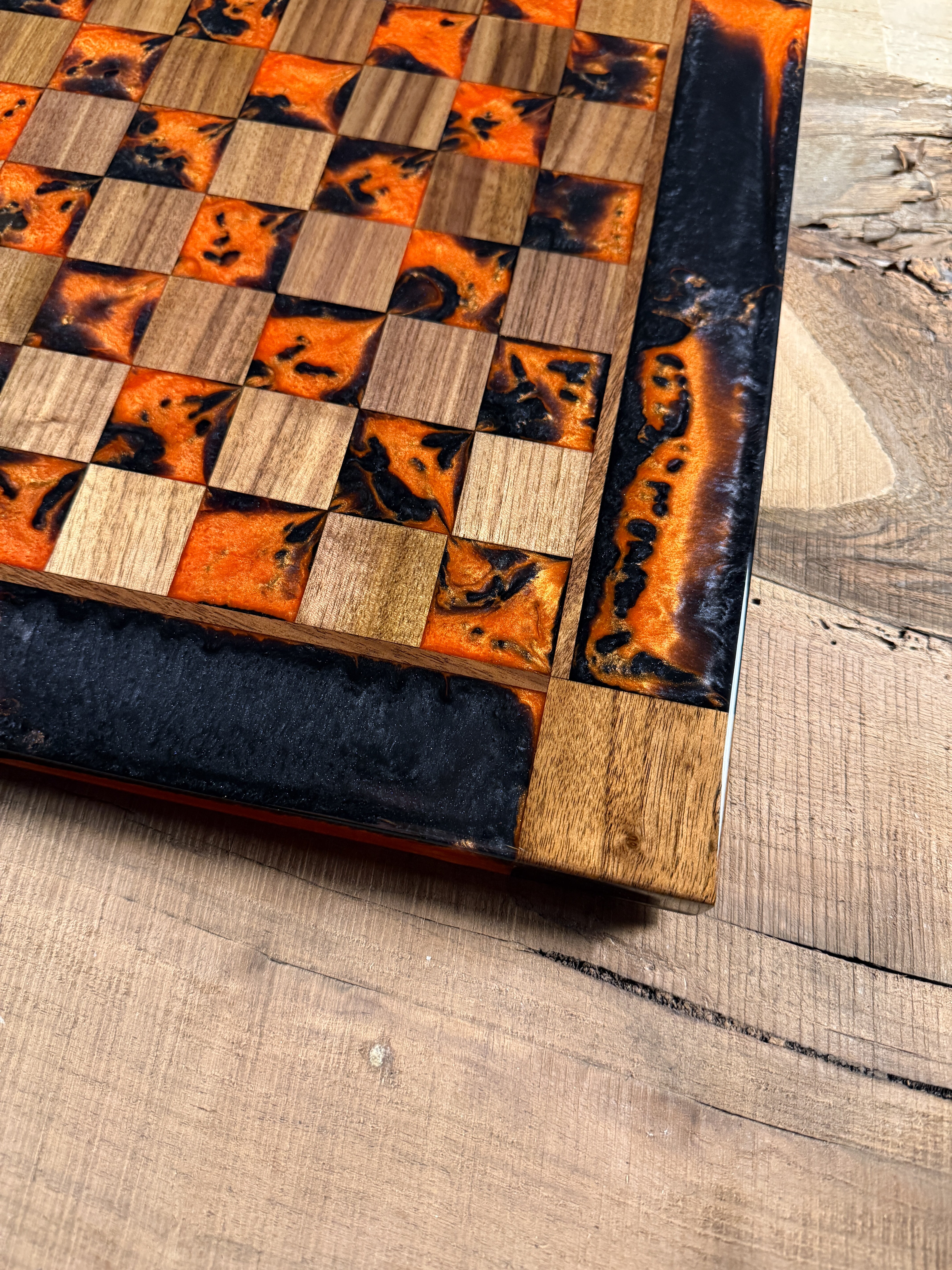 Vivid Orange Black Onyx Walnut Chess Board