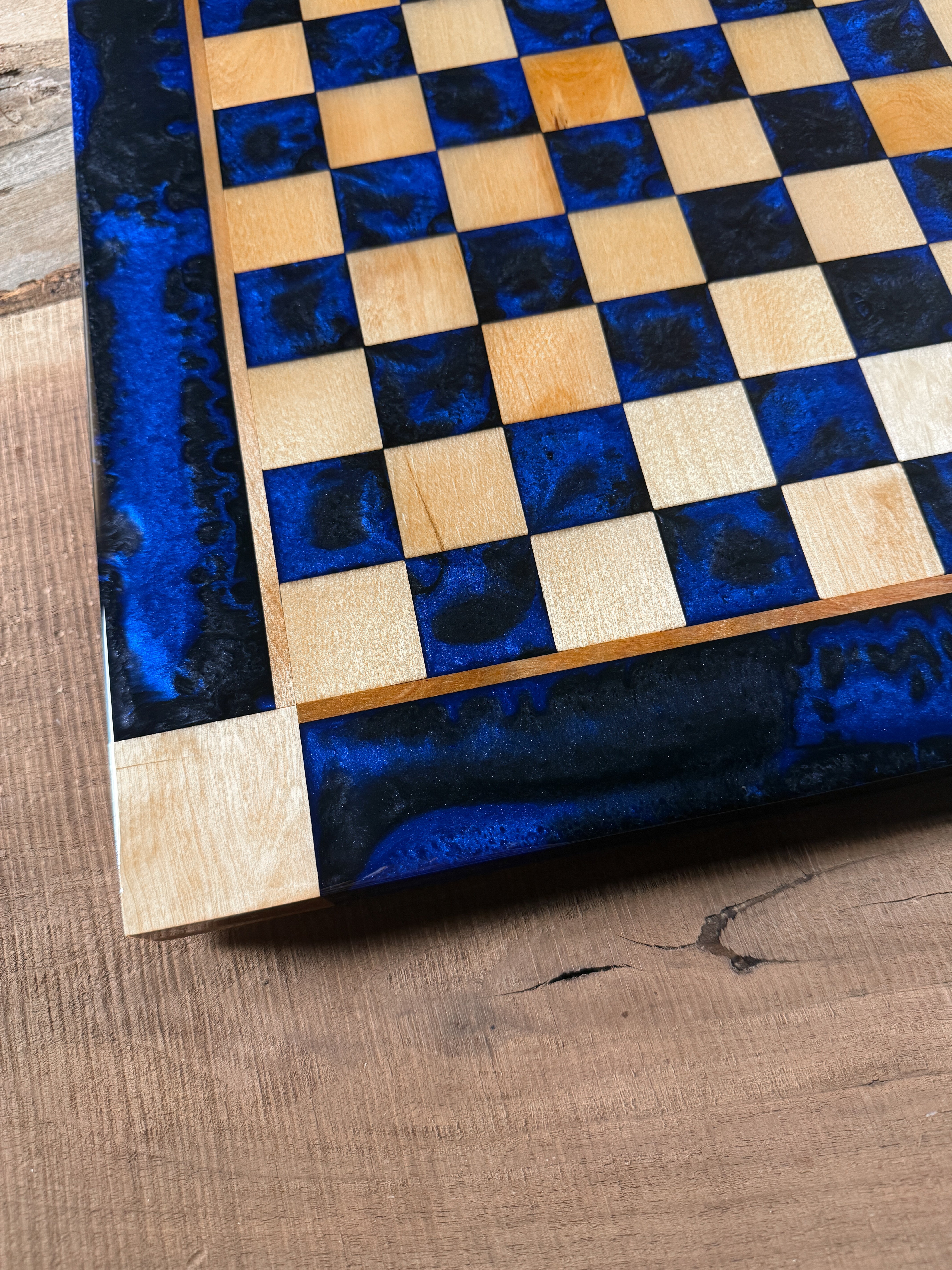 Black Onyx Deep Blue Maple Wood Chess Board (Chess Set Included)