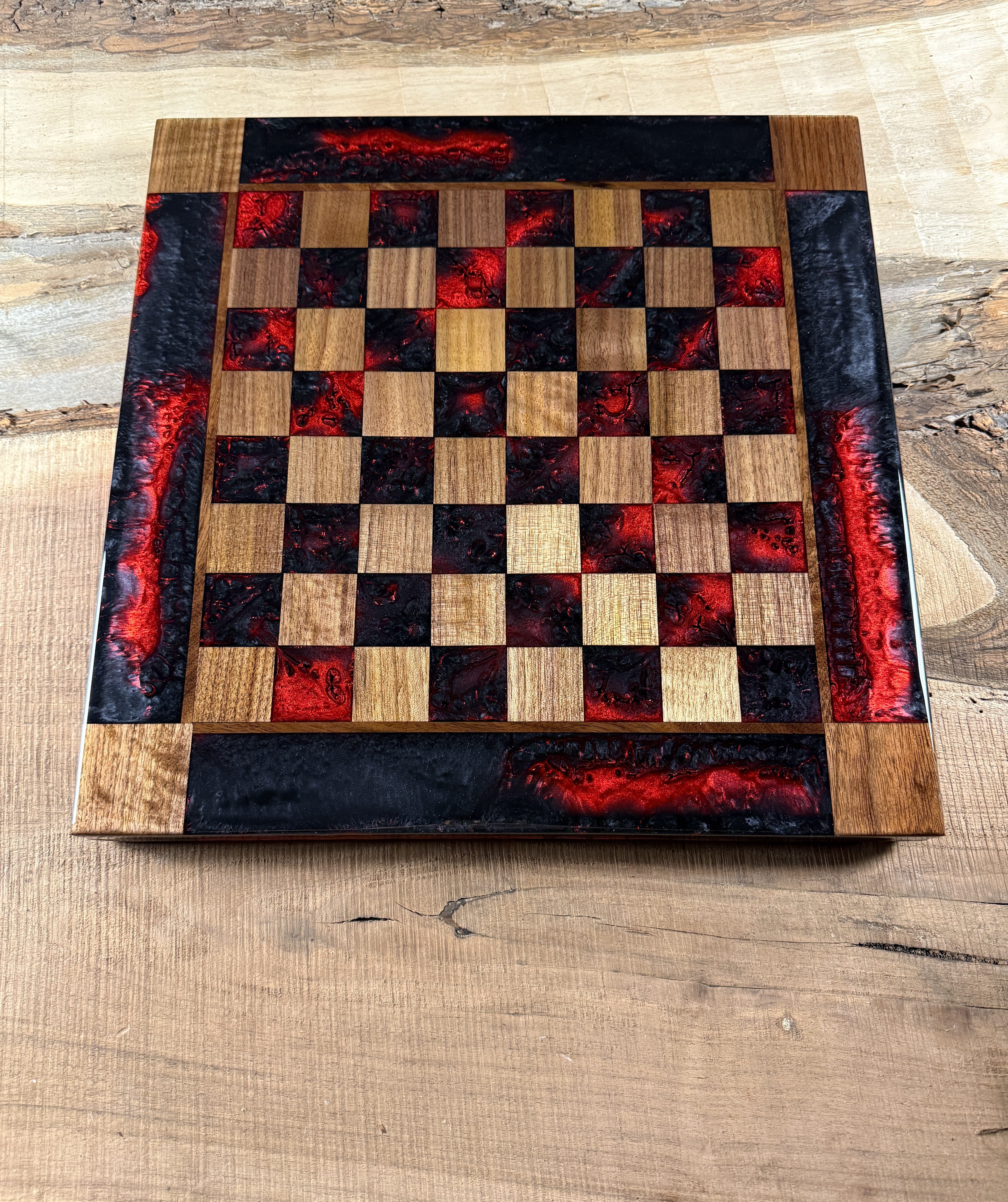Black Onyx Red Lava Black Walnut Chess Board (INCLUDES PIECES)