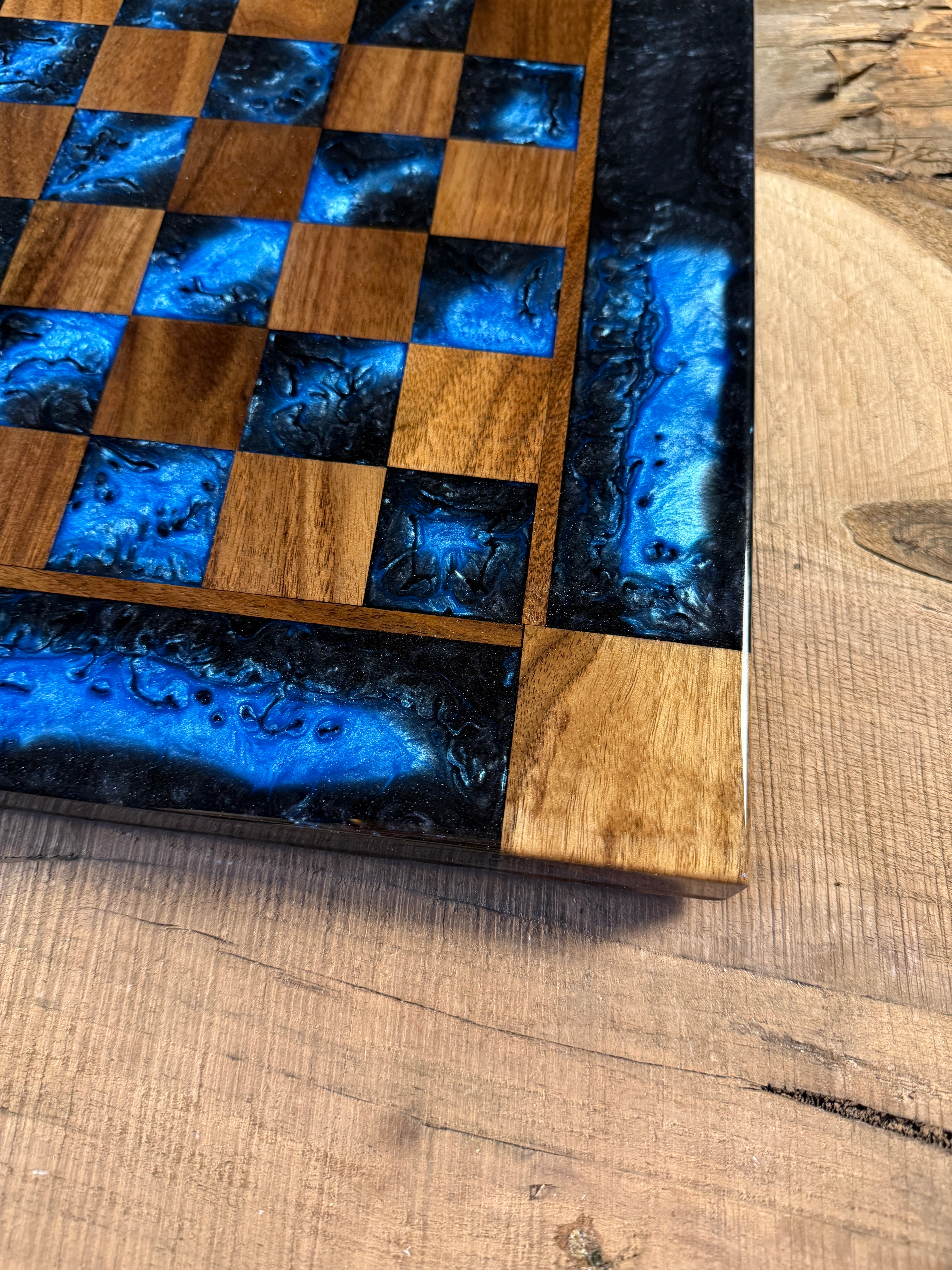 Caribbean Blue Black Onyx Walnut Chess Board (INCLUDES PIECES)