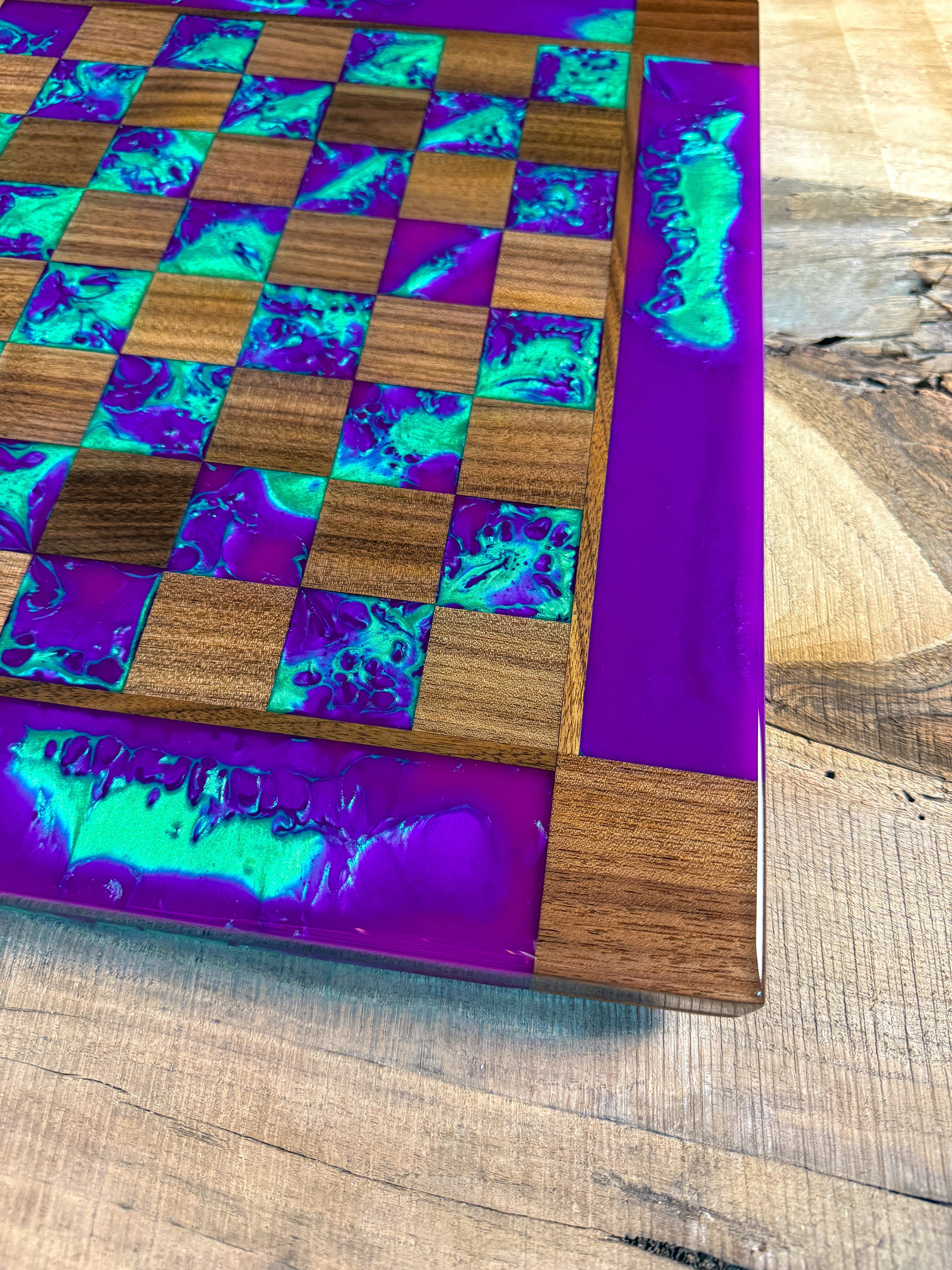 “The Joker” Florescent Purple/Jungle Green Walnut Wood Chess Board