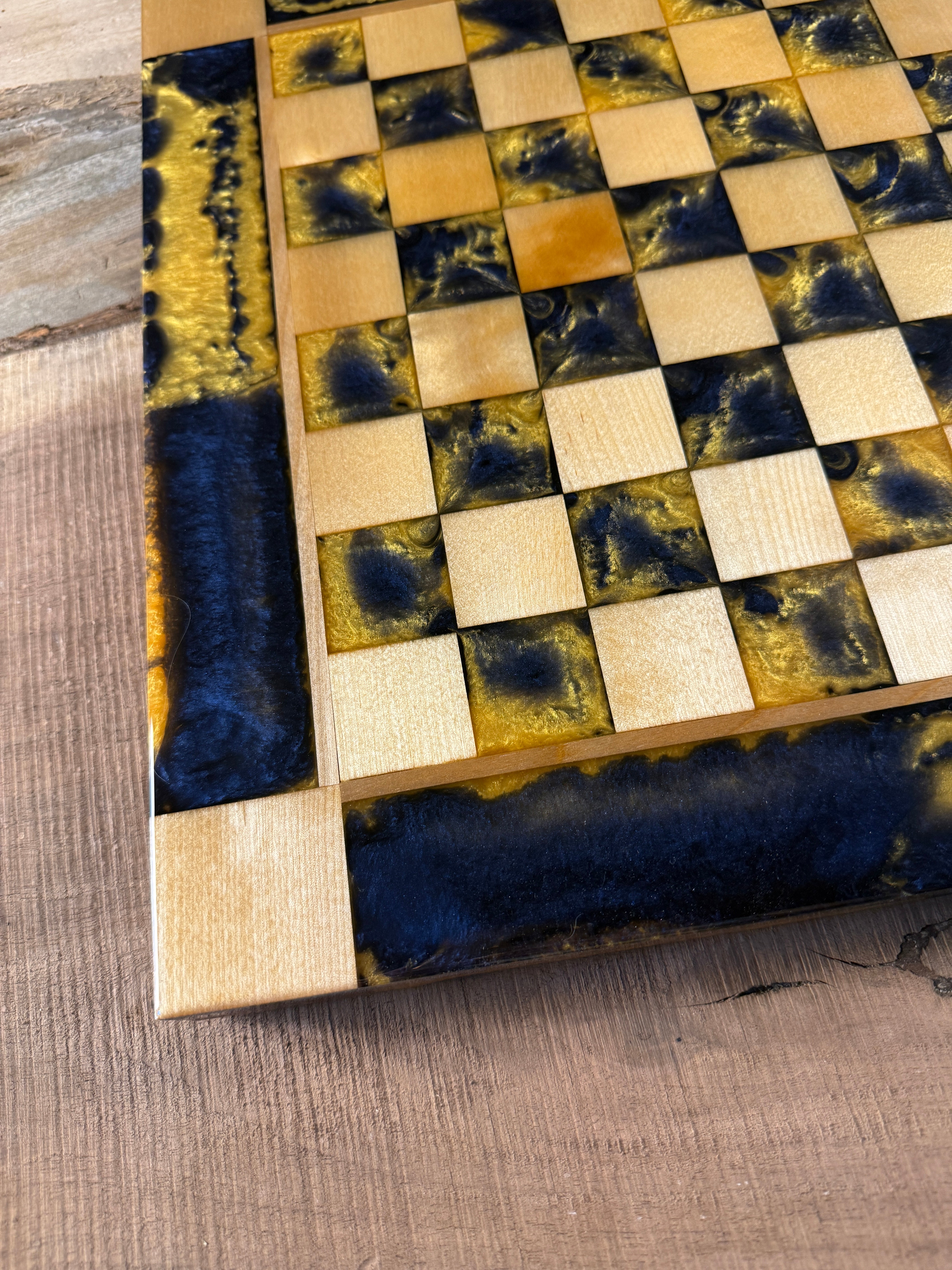 Navy Pure Gold Maple Wood Chess Board (Chess Set Included)
