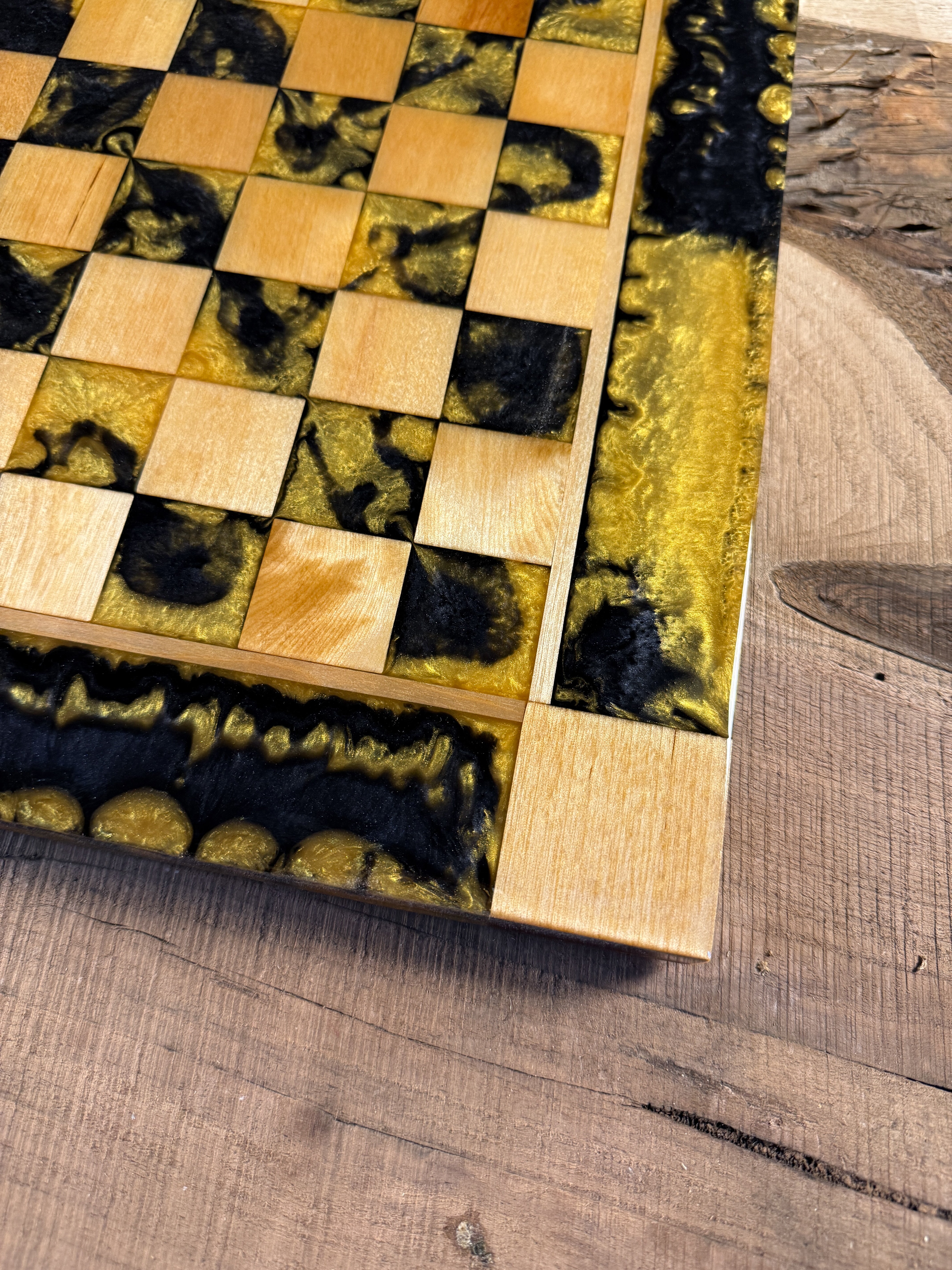 Golden Black Onyx Maple Wood Chess Board (Chess Set Included)