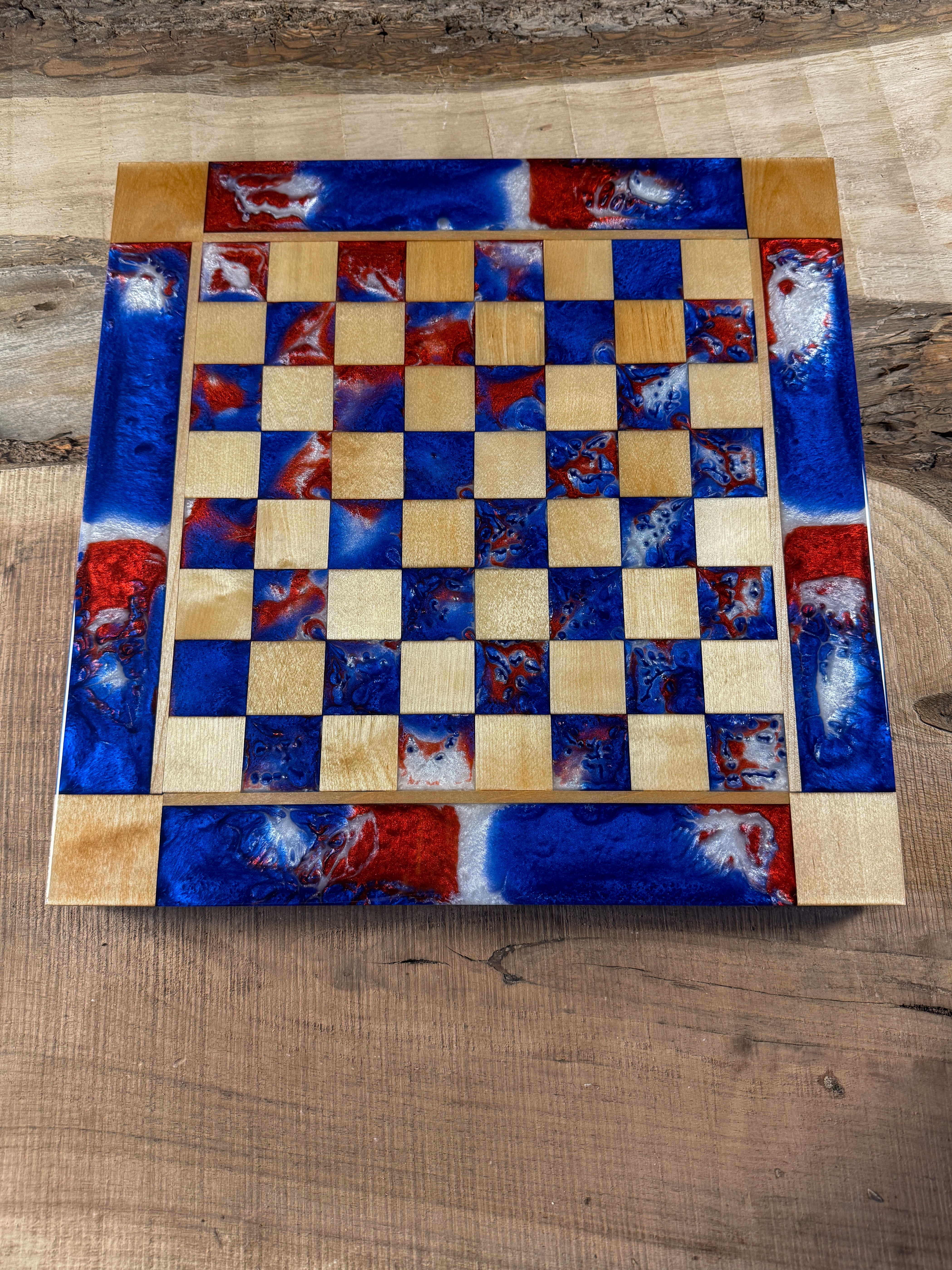 Red White & Blue Maple Wood Chess Board (INLCUDES PIECES)