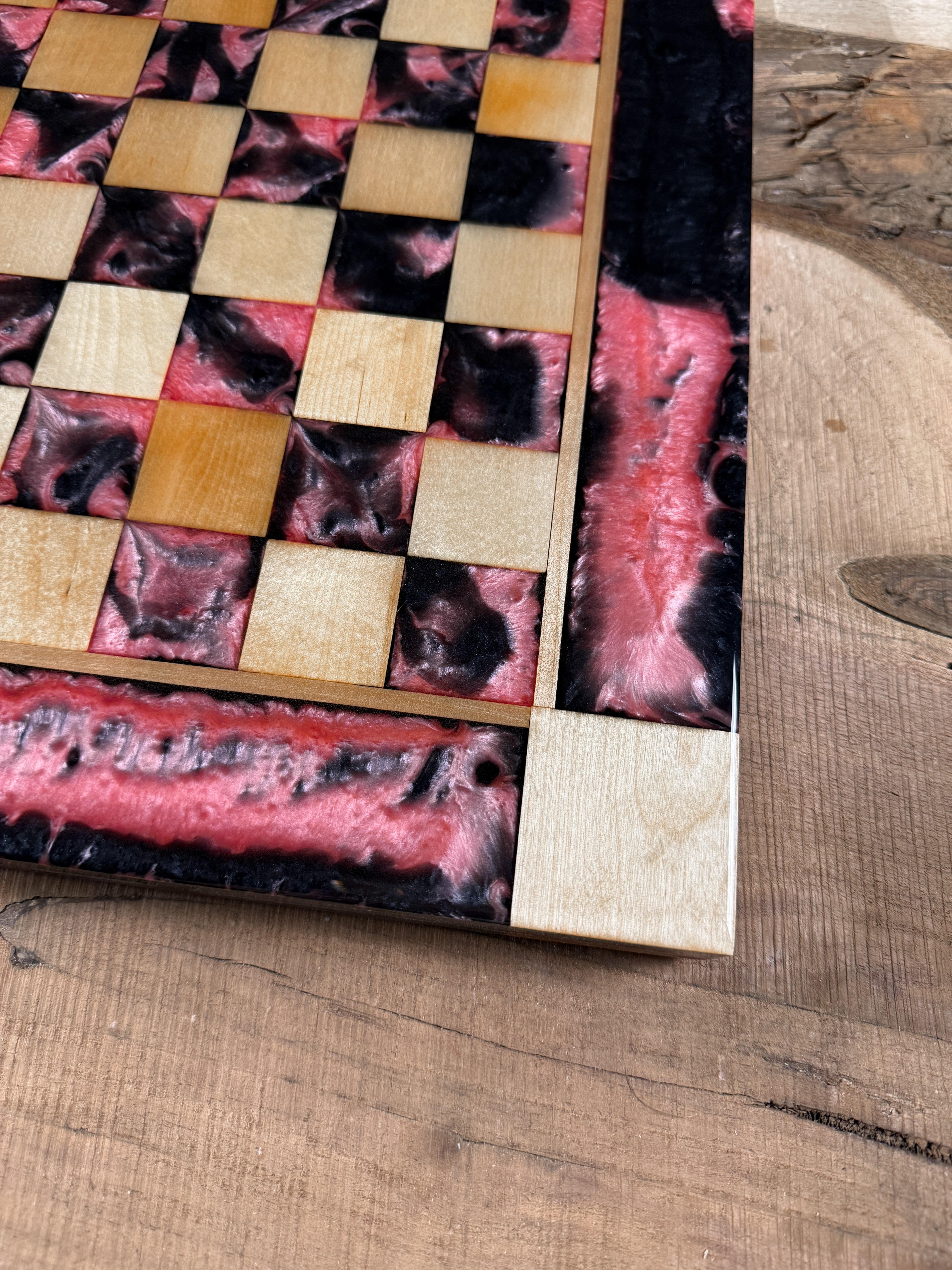 Black Onyx Pink Pearl Maple Wood Chess Board (INCLUDES PIECES)