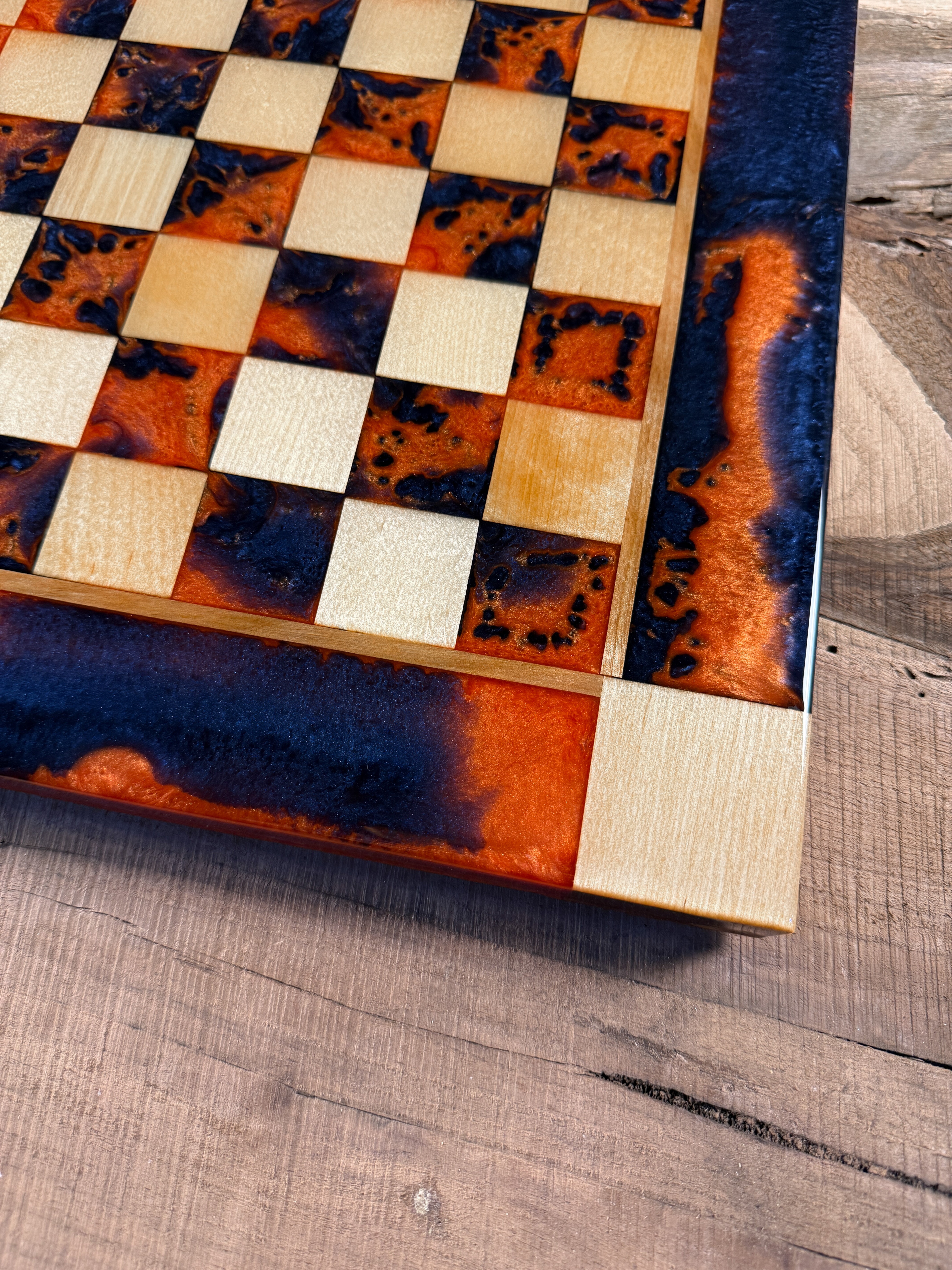 Vivid Orange Dark Blue Maple Wood Chess Checker Board (Chess Set Included)