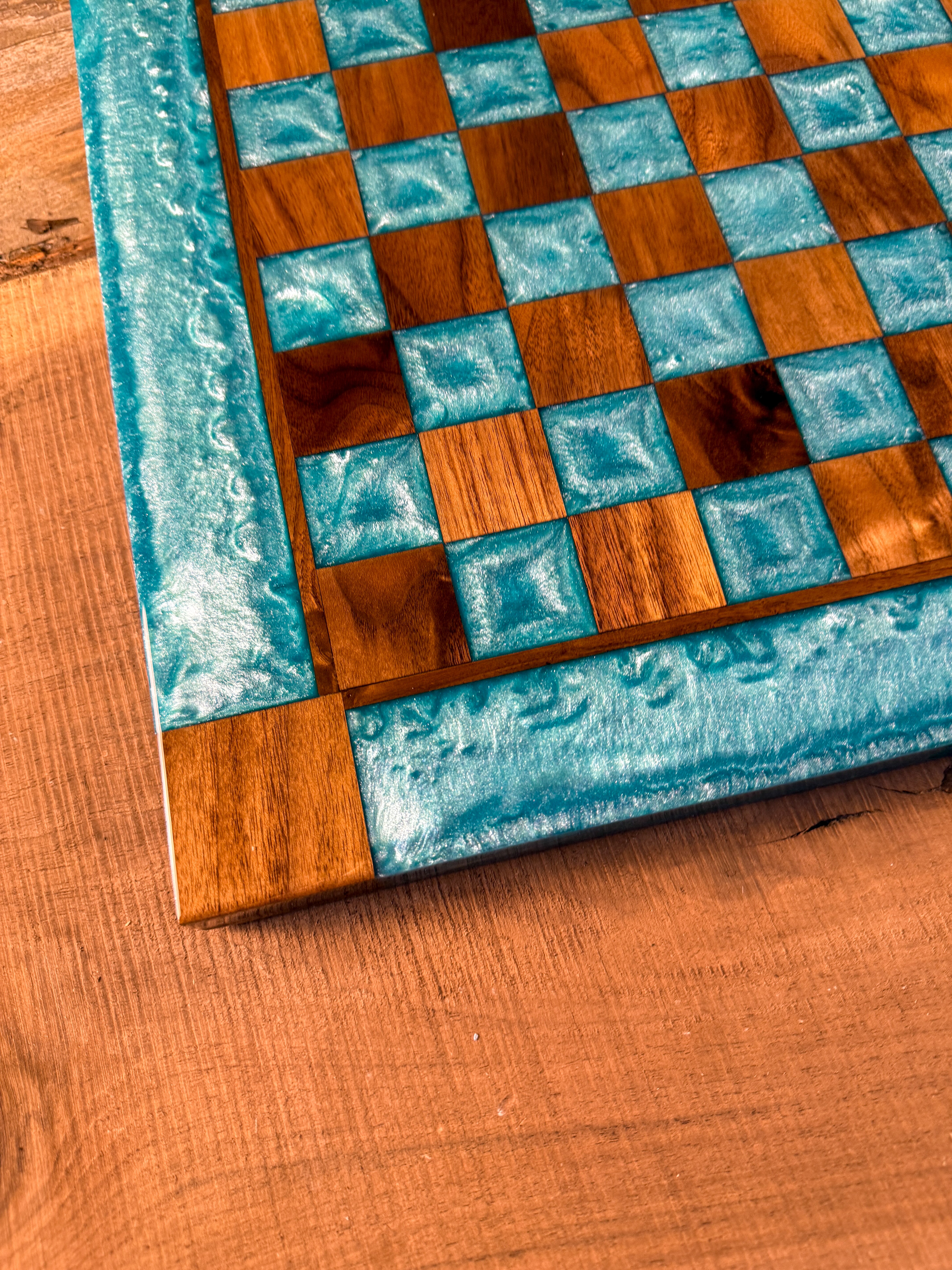 Turquoise Diamond Black Walnut Chess Board (Chess Set Included)