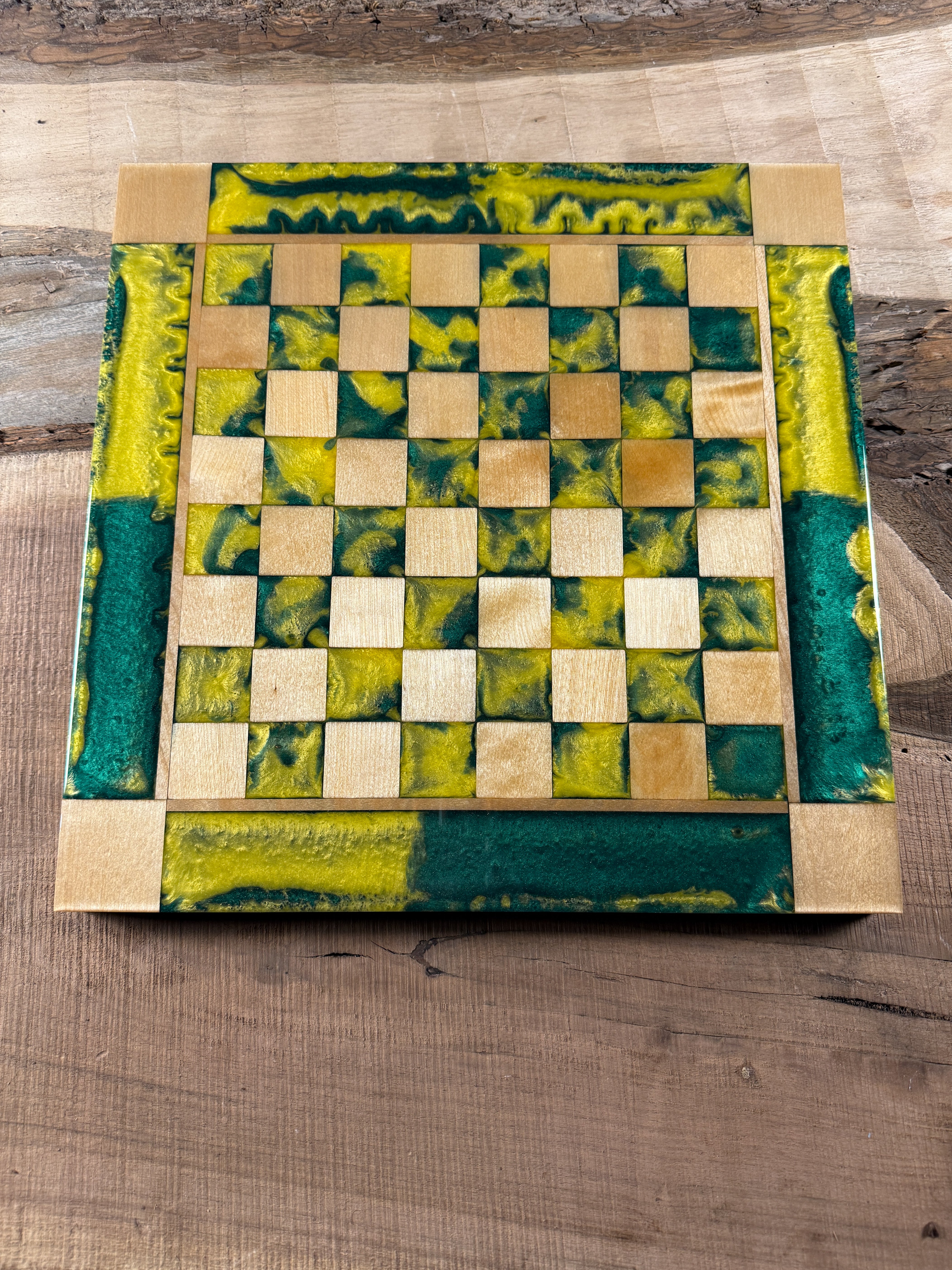 Vivid Golden Emerald Maple Wood Chess Board (Chess Set Included)