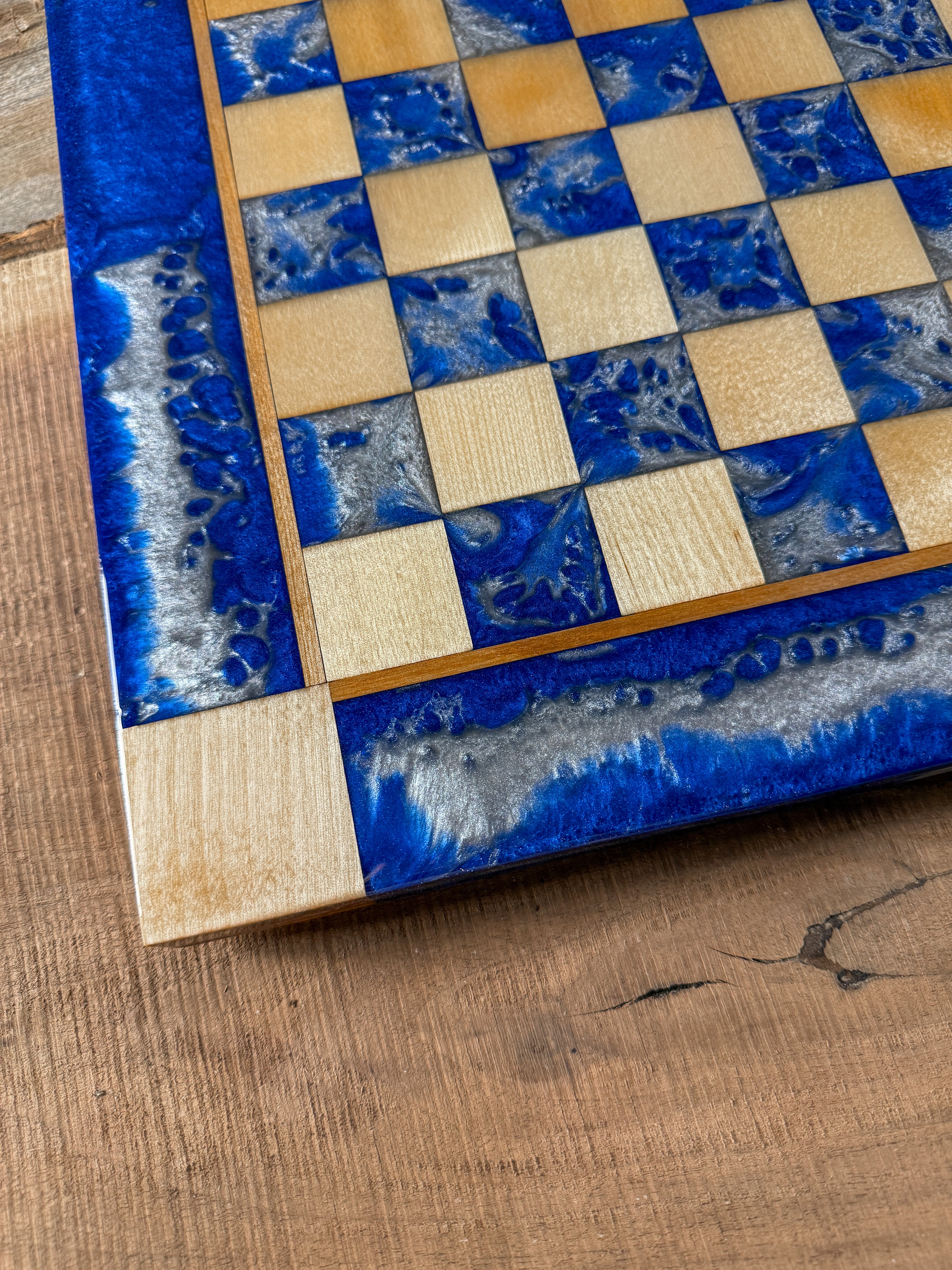 Deep Blue Silver Cloud Maple Wood Chess Board (Chess Set Included)