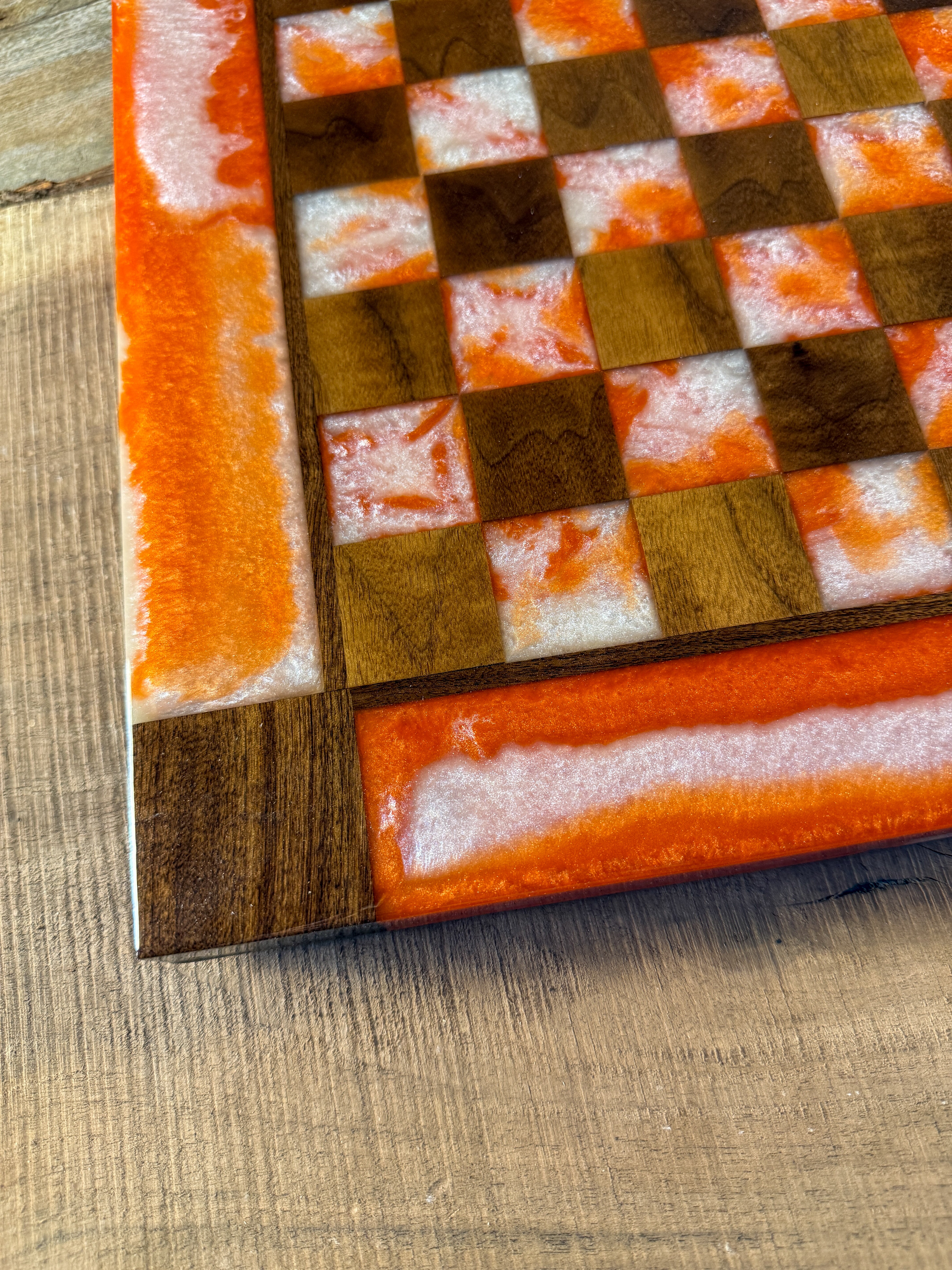 Pearl White Orange Black Walnut Chess Board (Chess Set Included)