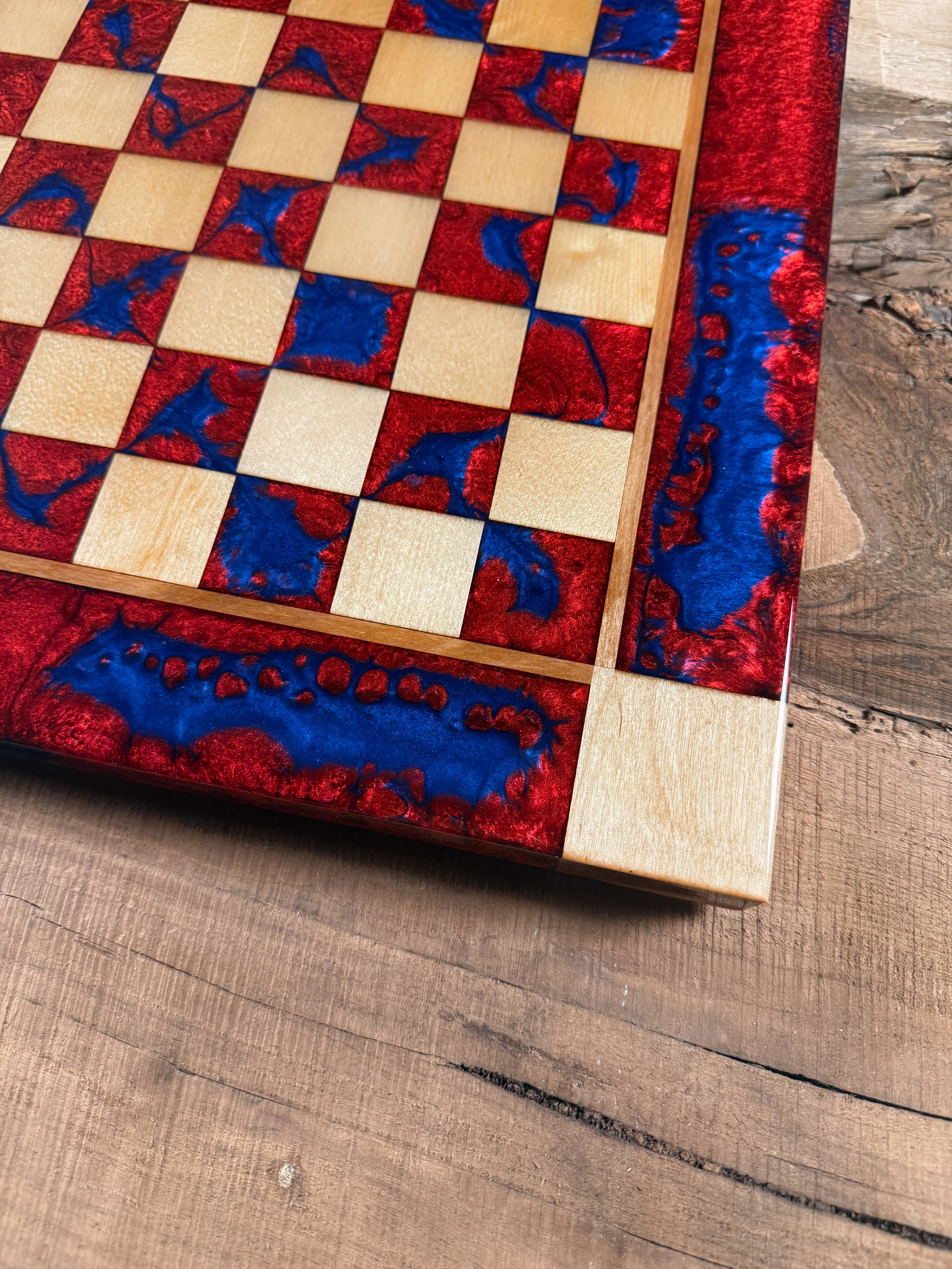 Deep Blue Red Lava Maple Wood Chess Board (Chess Set Included)
