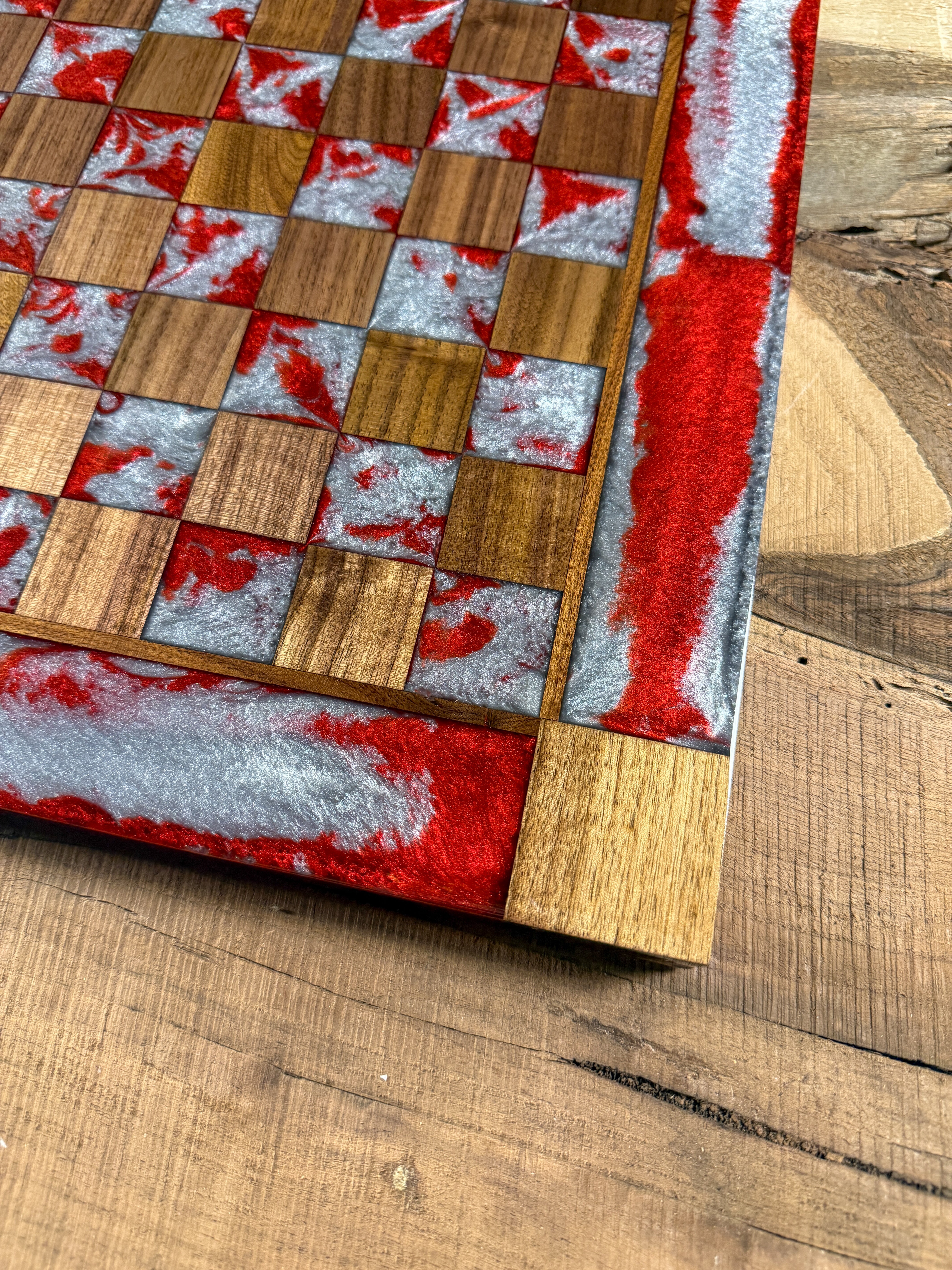 Silver Red Cloud Walnut Wood Chess Board (INCLUDES PIECES)